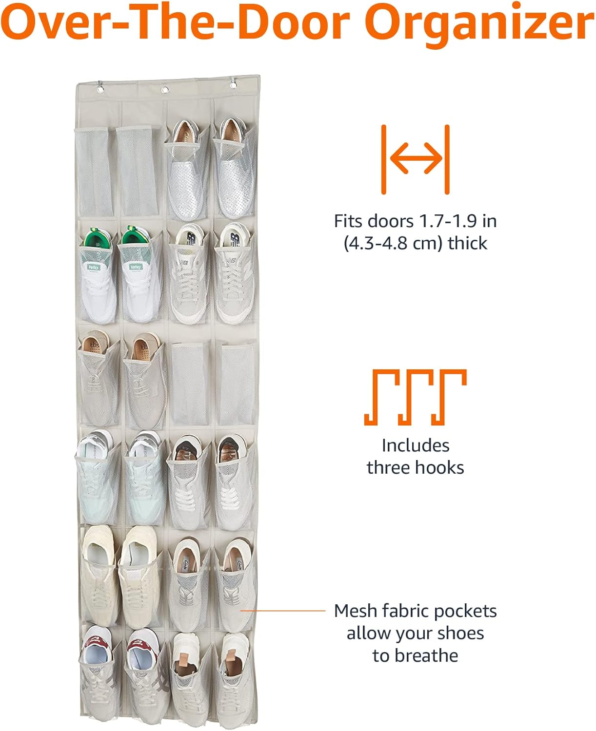 Amazon Basics 24 Medium Pocket Over-the-Door Hanging Shoe Organizer, Light Grey