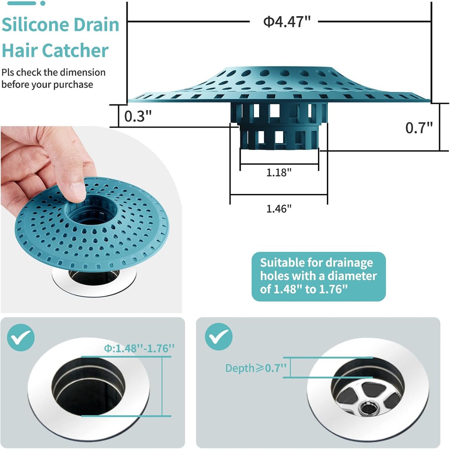 Shower Hair Drain Catcher, Silicone Bathtub Drain Hair Catcher Strainer, All-in-one Tub Hair Catcher Drain Protector for 1.48'' to 1.76'' Regular Drains, 3PCS/Light Blue