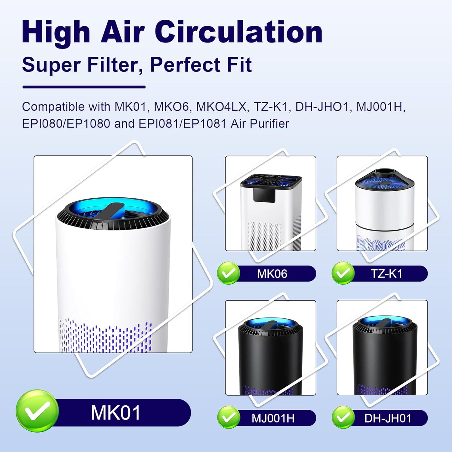 MK01 & MK06 True HEPA Filter Replacement Compatible with Aroeve MK01, MK06, ToLife TZ-K1 and Kloudi DH-JH01 Air Purifier, Smoke Remover Version, Grey, 2 Pack