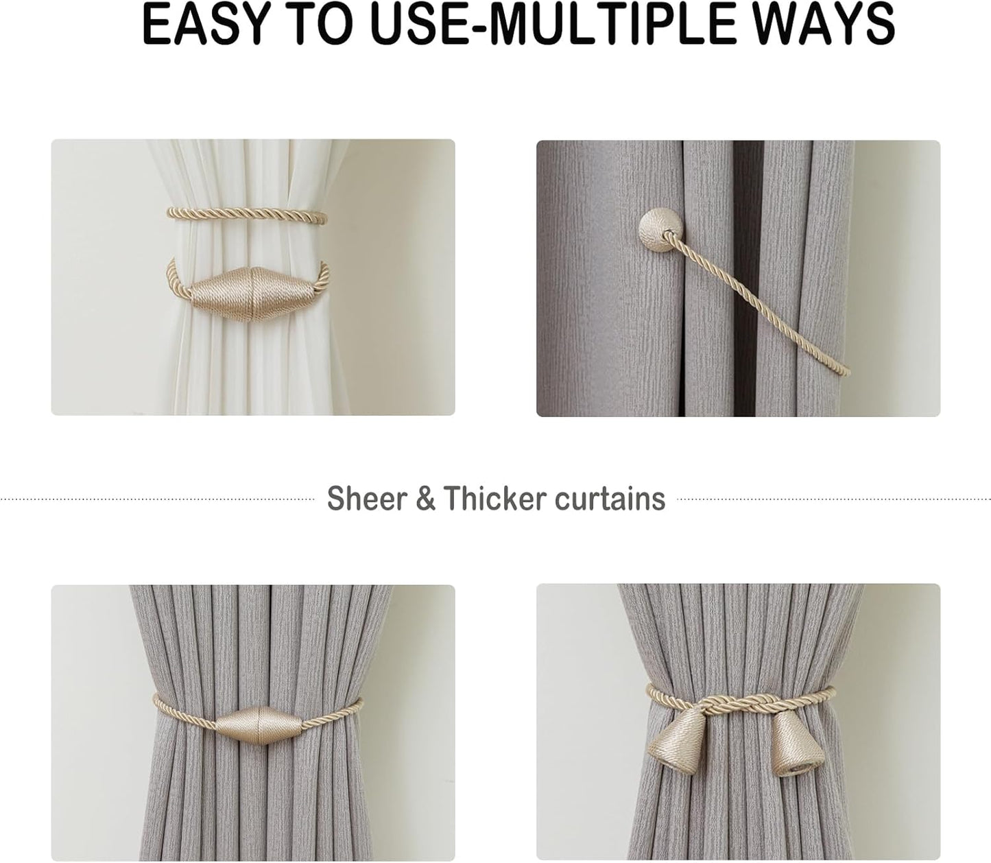 Magnetic Curtain Tiebacks 2 Pack Outdoor Rope Curtain Tie Backs Decorative Window Treatment Holdbacks for Home Decorative Curtain, Beige