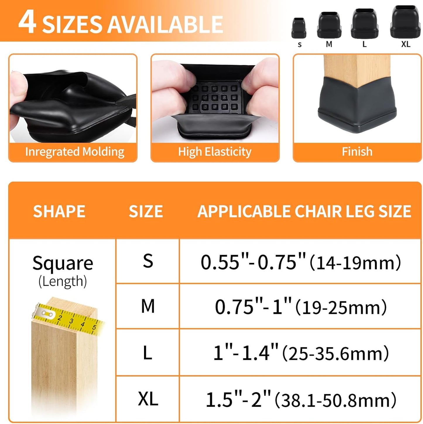 Ezprotekt 24 Pcs Chair Leg Sliders for Carpet, Square Black Teflon Furniture Glides Protectors Covers, Bar Stool Carpet Sliders Caps for Chair Table Desk Couch Legs (S Fit: 0.55"- 0.75")