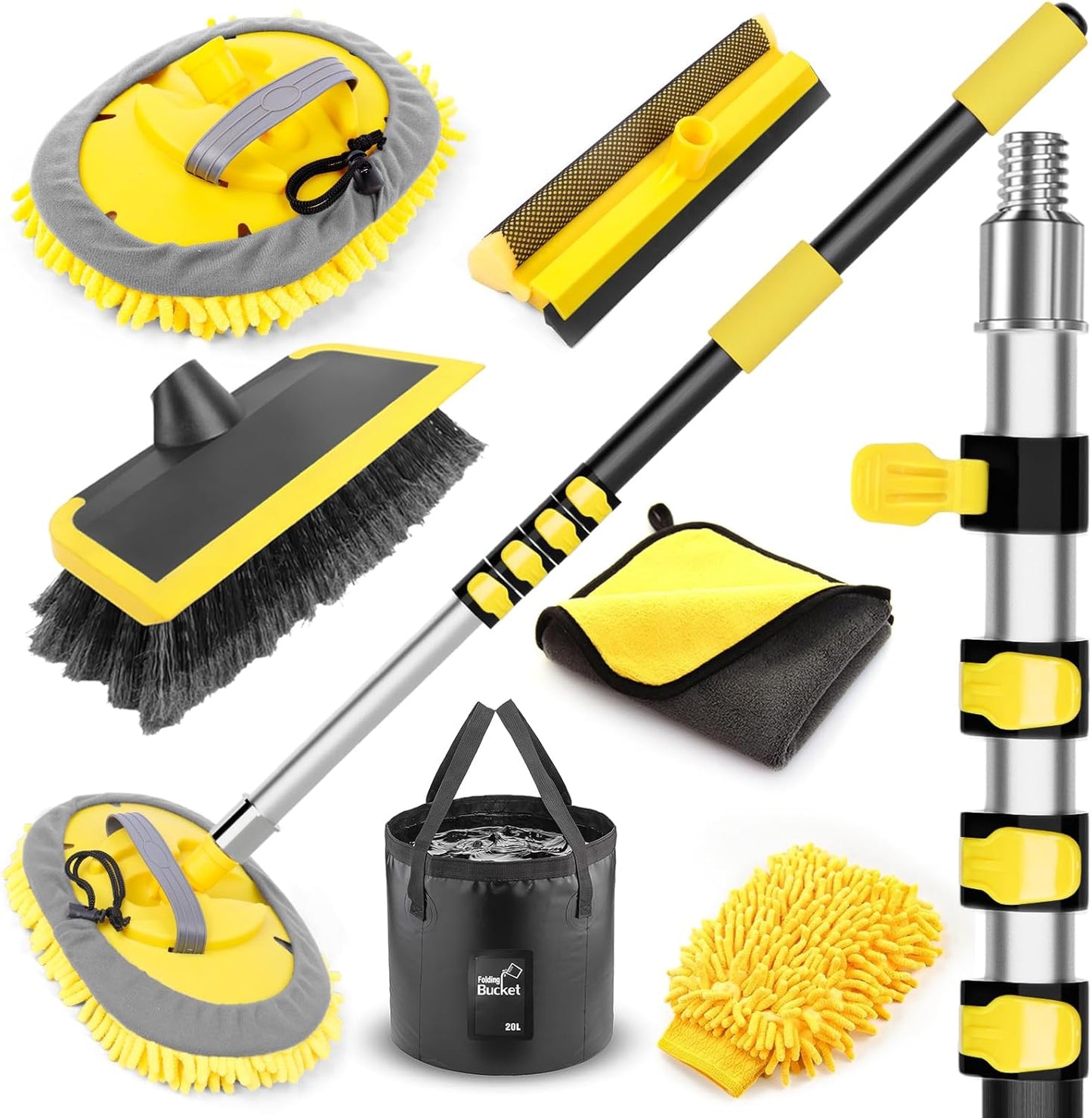 144'' Long Extendable Handle Car RV Wash Brush Kits with Collapsible Bucket, RV, Truck Washing Kit with Extension Pole - Microfiber Car Mop, Bristles Washing Brush, Squeegee Mitt, RV-Wash Cleaning Kit