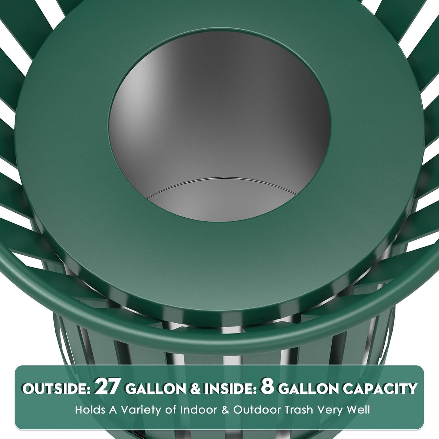 Round Heavy Duty Outdoor Trash Can, Large Metal Slatted Garbage Can for All Weather Resistant, Commercial Garbage Cans, Waste Receptacle in Park, Beach, Patio (Green, Medium)