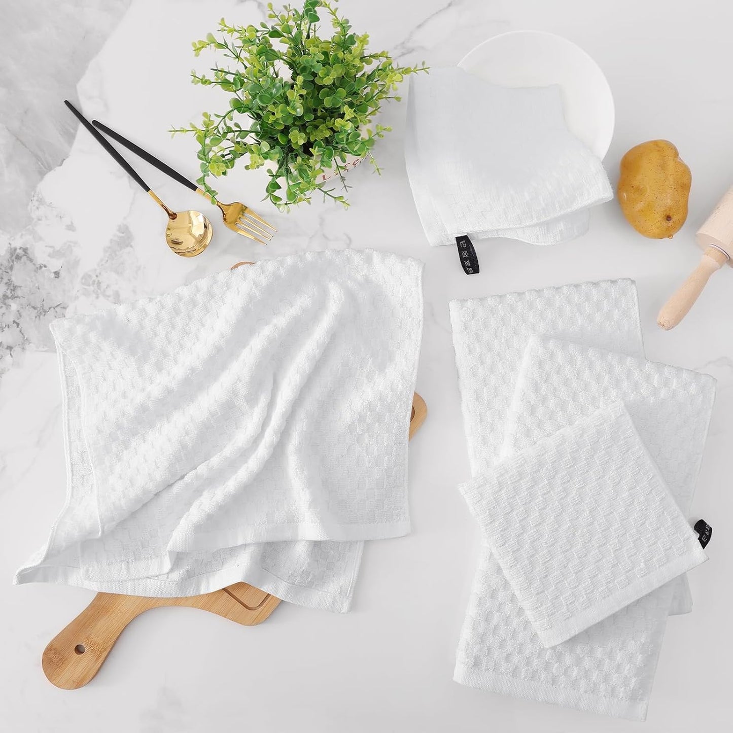 Fintale 100% Cotton Kitchen Towels and Dishcloths Set, 12 x 12 & 15 x 25 Inches, Set of 10 Bulk Super Soft and Absorbent Terry Cloth Dish Towels, Quick Drying Hand Towels with Hanging Loop, White