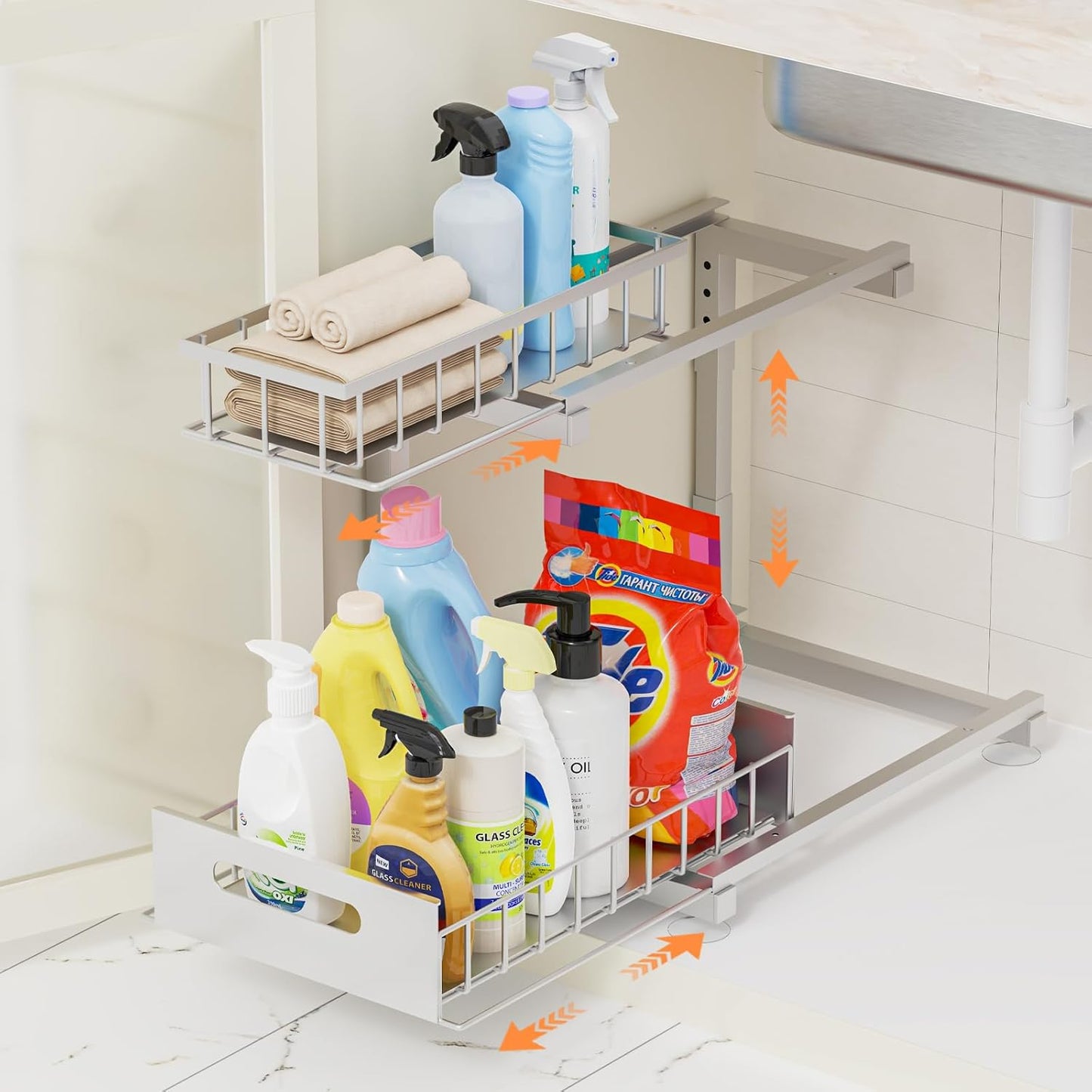 Under Sink Organizer Storage 2-Tier Heavy Duty Metal Pull Out Cabinet Organizer Slide Out Sink Shelf Organizer Height Adjustable, Multi-Purpose Storage Shelf for Kitchen Bathroom (Silver, 1 Pack)
