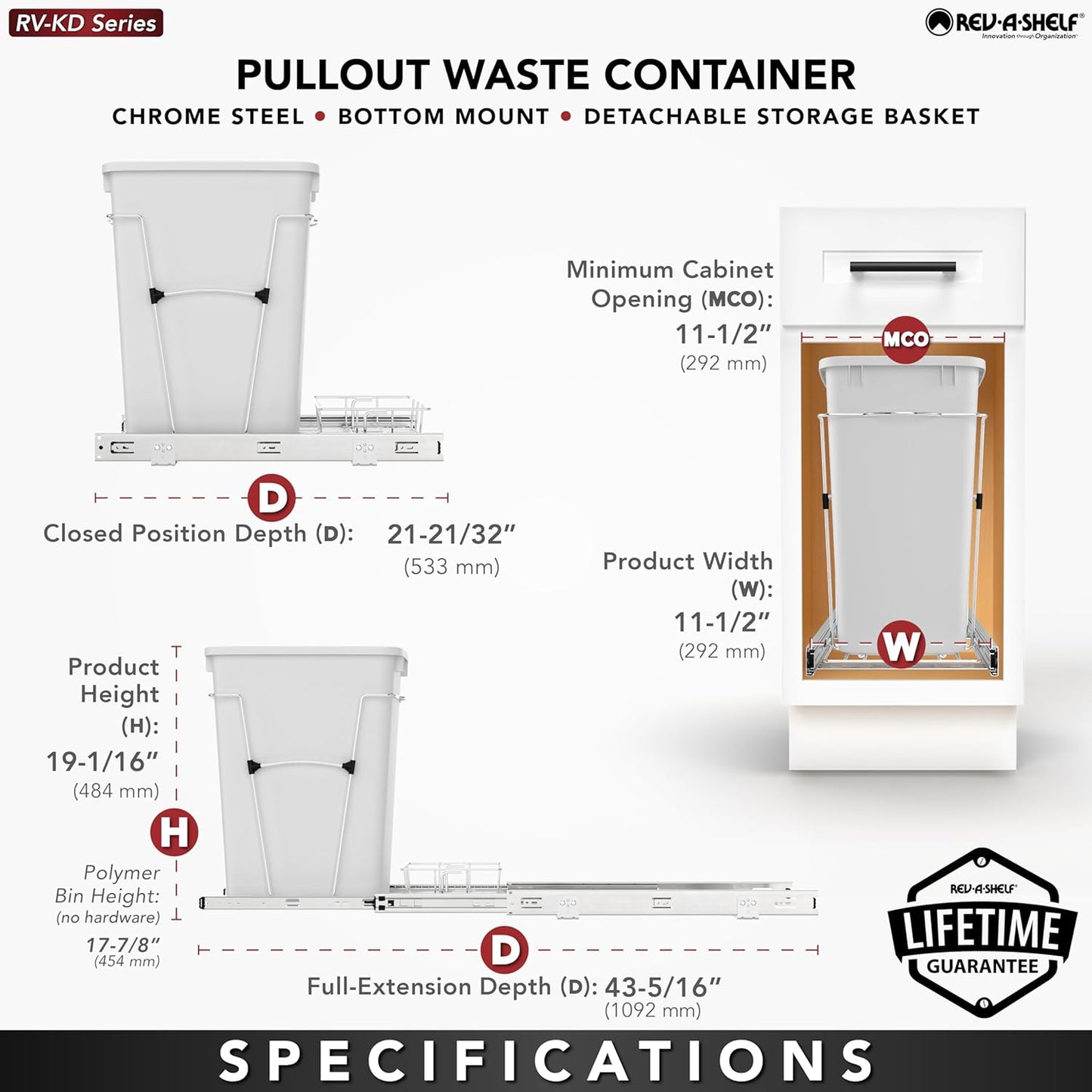 Rev-A-Shelf Pullout Trash Can for Kitchen Cabinets 35 Qt Garbage Waste Recycling Bin with Full Extension Slides, Green, RV-12KD-19C-S
