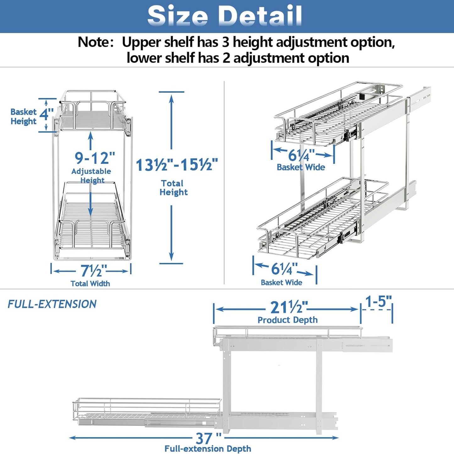 2 Tier Individual Pull Out Cabinet Organizer 7½" W x 21½" D, Heavy Duty Cabinet Pull Out Shelves, Slide Out Drawers Organization for Kitchen Cabinets Bathroom