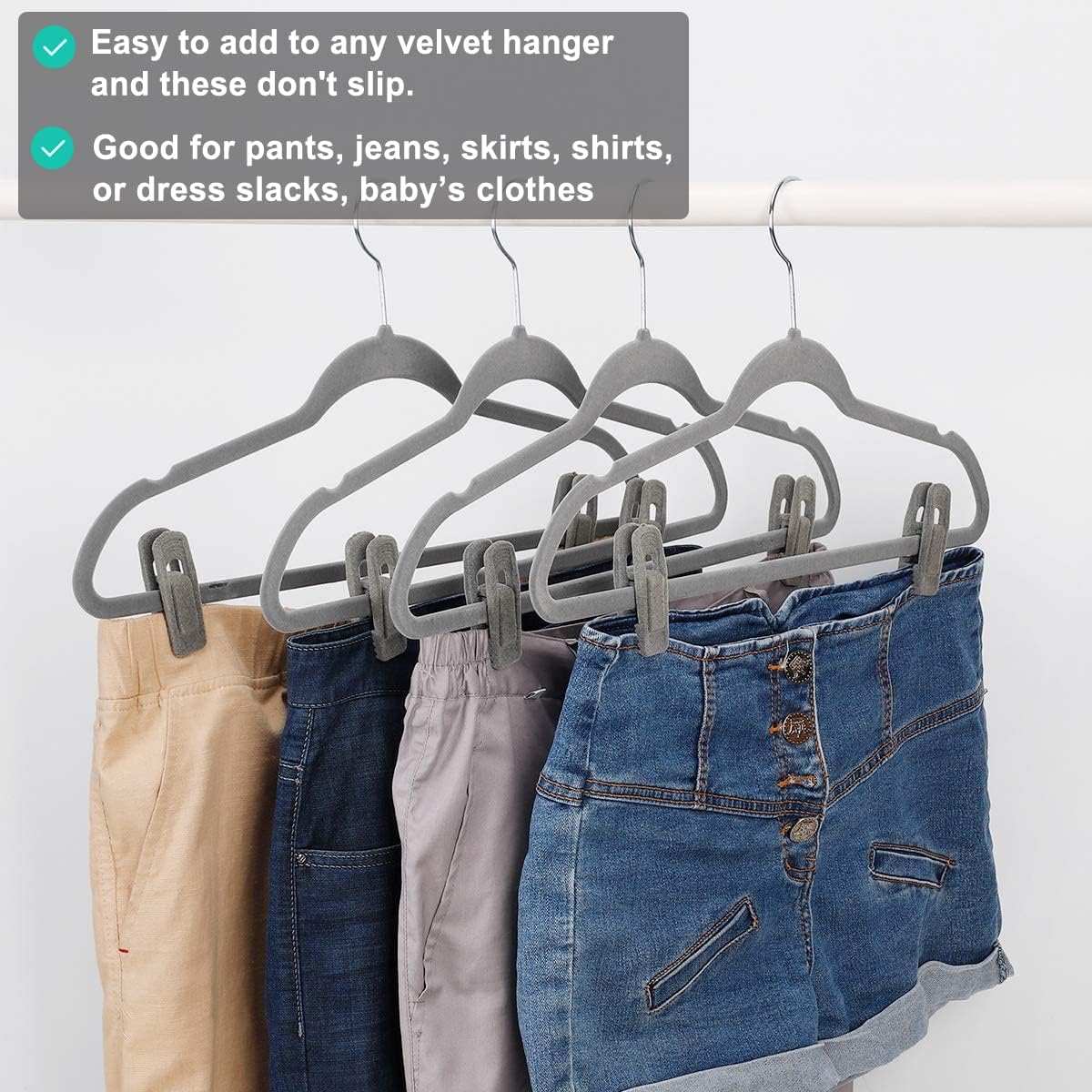 Grey Velvet Clips for Velvet Hangers - 20 PCS Gray Non Slip Velvet Hanger Clip, Pants Hanger Velvet Clips Fit for Slim Velvet Hangers, Clothes-pins for Grey Velvet Hangers