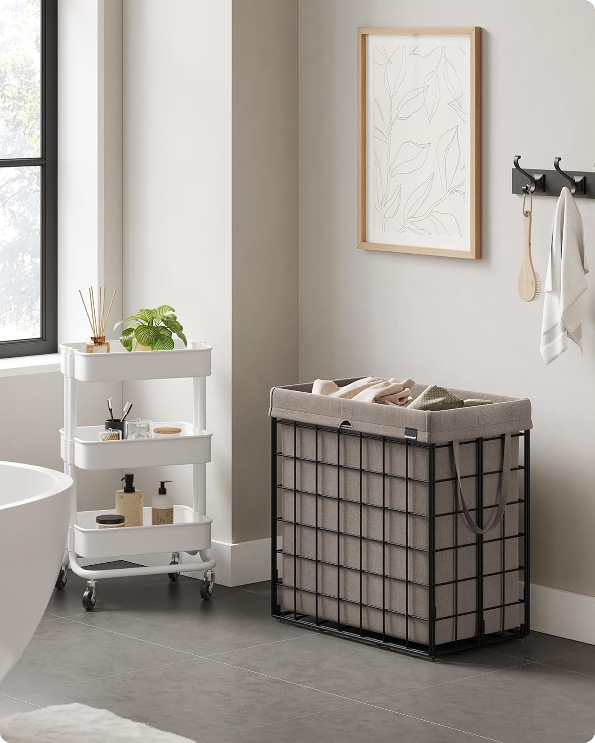 SONGMICS Laundry Hamper, 29 Gal. (110L) Laundry Basket, Collapsible Clothes Hamper, Removable and Washable Liner, Metal Wire Frame, for Bedroom Bathroom, Black and Camel Brown ULCB111N01