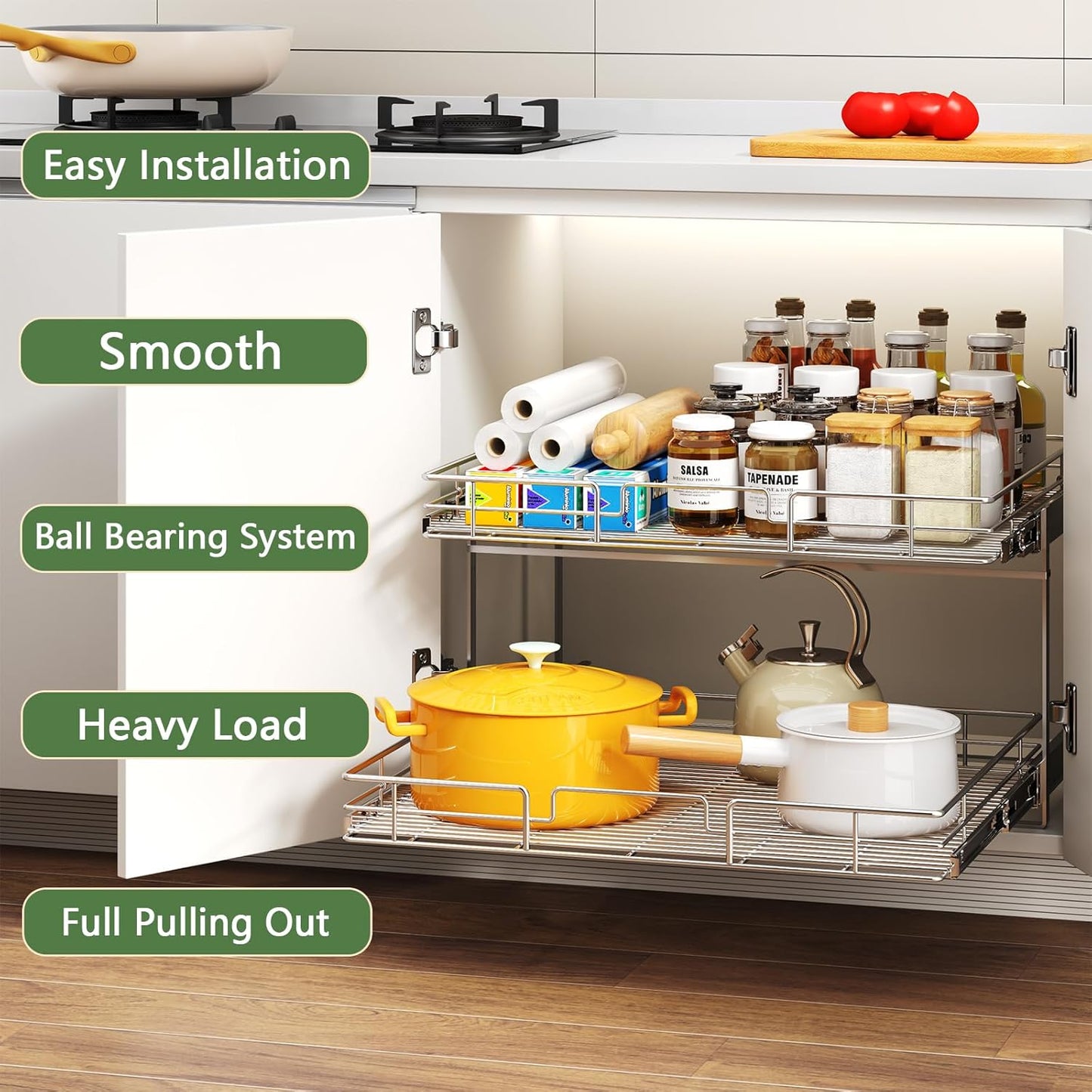 2 Tier Individual Pull Out Cabinet Organizer 25½" W x 21½" D, Heavy Duty Cabinet Pull Out Shelves, Slide Out Drawers Organization for Kitchen Cabinets Bathroom