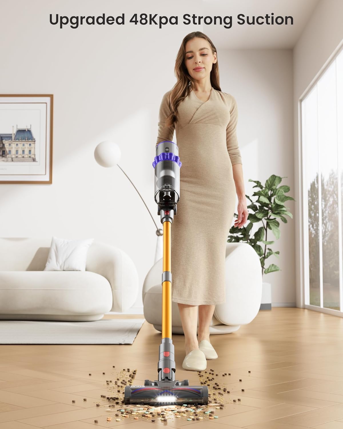 Cordless Vacuum Cleaner, 580W 48KPA 65Mins Self-Standing Vacuum Cleaners for Home, Stick Vacuum Cordless with Wall Mount Charging, LED Display, Upgraded Roller Brush for Carpet,Pet Hair,Hardwood Floor