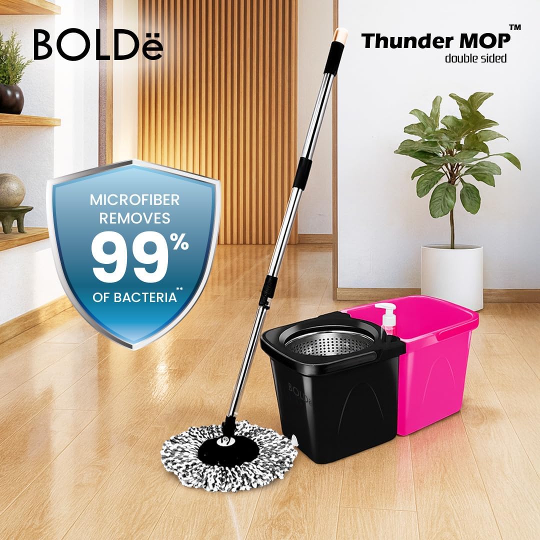 Thunder Mop Spin System - 2 Compact Stackable 6L Buckets, Microfiber Head, Stainless Steel Wringer, Antifungal Quick-Dry Cleaning, Soap Dispenser, 3 Free Refills (Black/Grey)