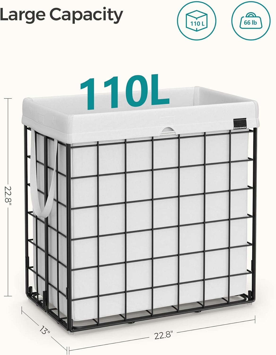 SONGMICS Laundry Hamper, 29 Gal. (110L) Laundry Basket, Collapsible Clothes Hamper, Removable and Washable Liner, Metal Wire Frame, for Bedroom Bathroom, Cream White ULCB111W01