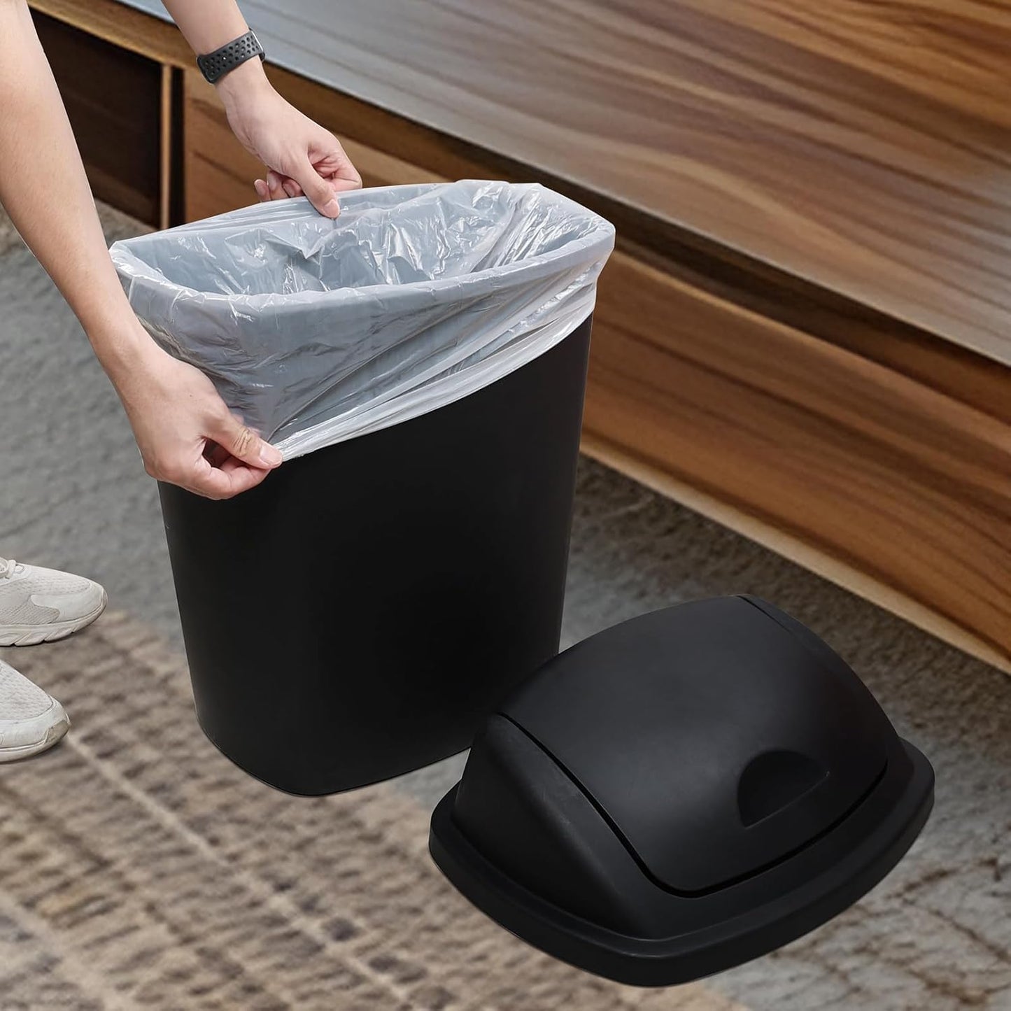 Zopnny 4-Pack 11 Gallon Swing Lid Trash Can, Plastic Swing-Top Garbage Can, Black