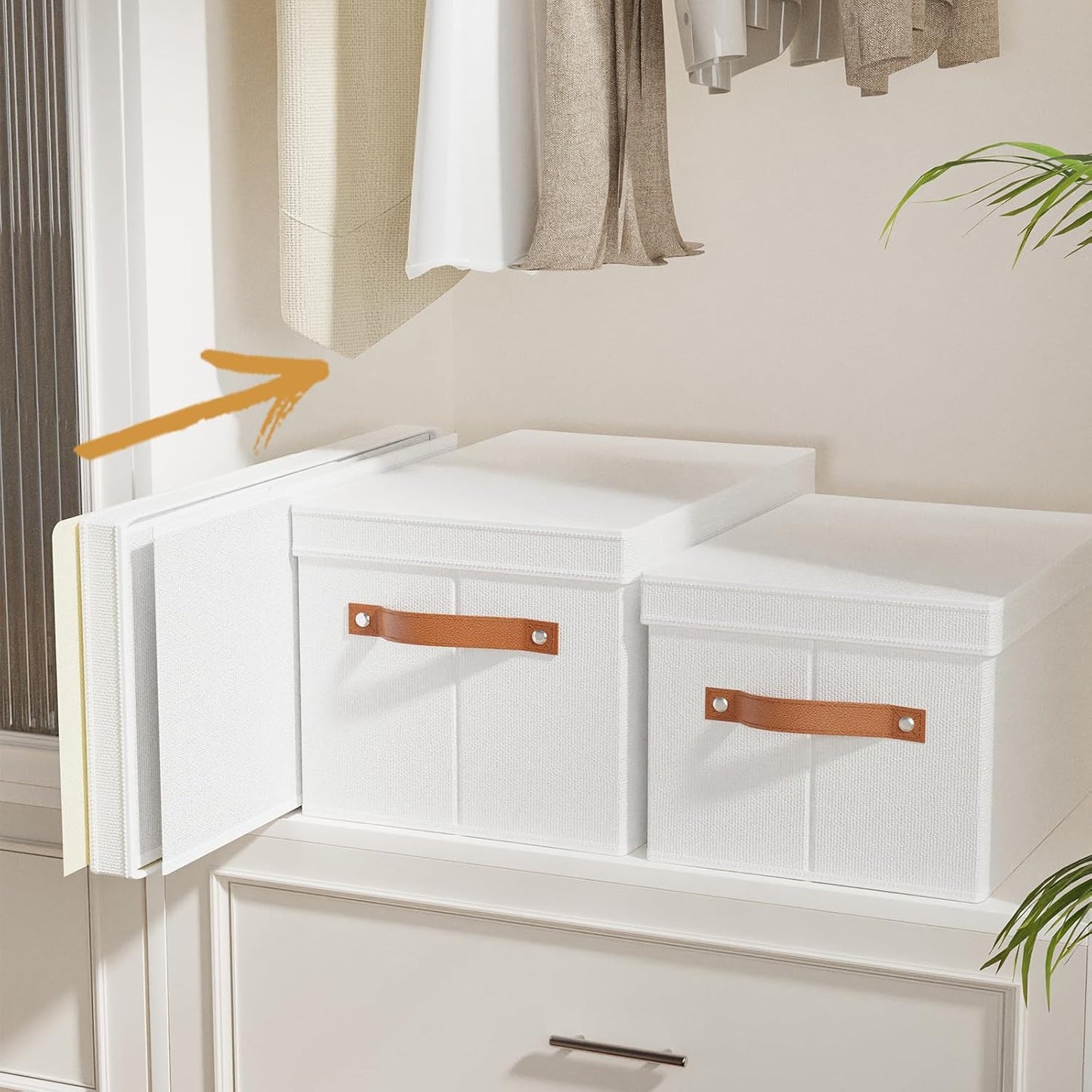 Fabric Storage Bins, 7.1 x 9.1 x 13 Inch Clothes Boxes for Shelves with Lids, Baskets for Organizing with Handles, Decorative Linen Closet Organizers, White, 5 Pack