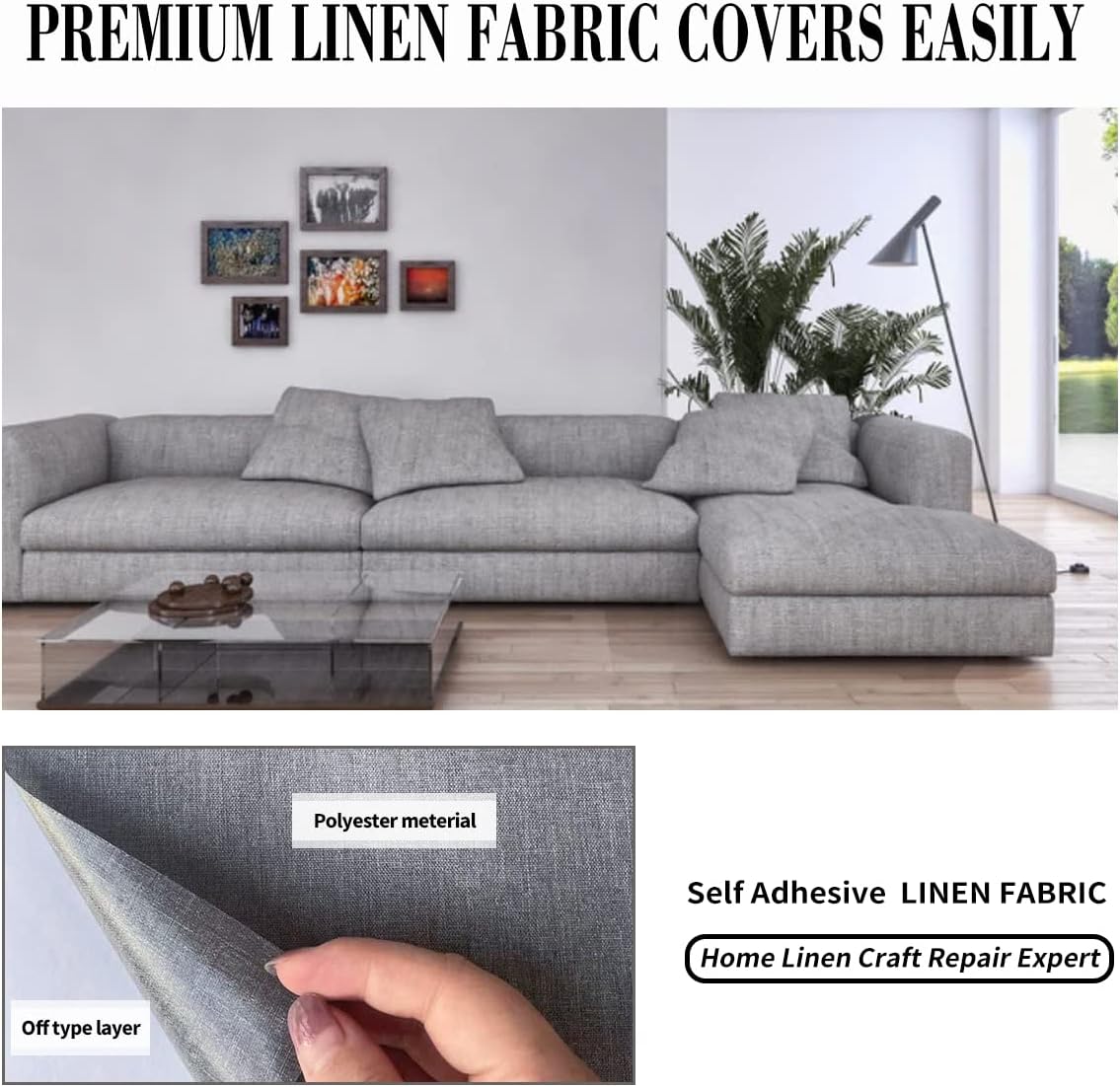 Fabric Repair Patches, 35X79 Inch Linen Repair Tape Self-Adhesive Fabric Patches Durable, DIY Large Linen Tape for Sofa, Couches, Furniture, Chair, Clothing （35X79 Inch, Grey）