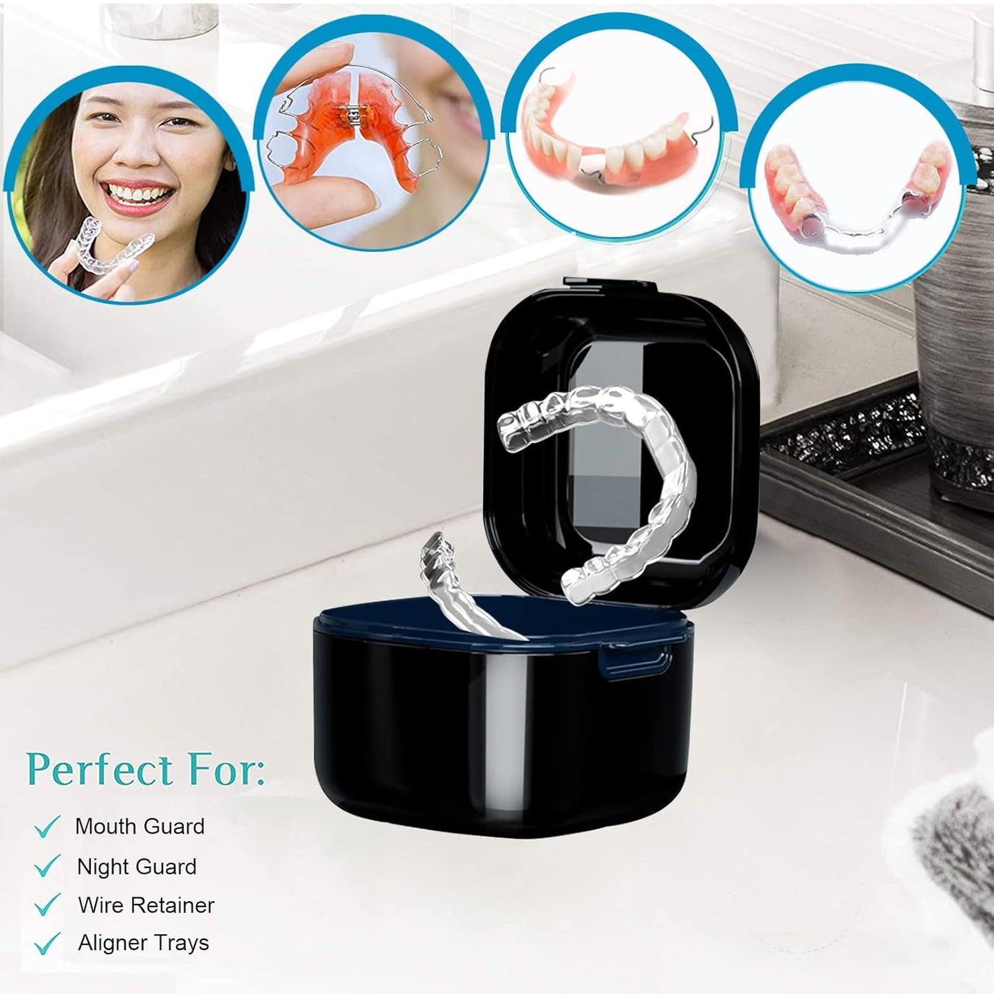 Denture Cup，Retainer Case,Cute Night Mouth Guard Box Holder, Storage Soak Container with Strainer basket for Travel Cleaning.(1 Pack,Black)