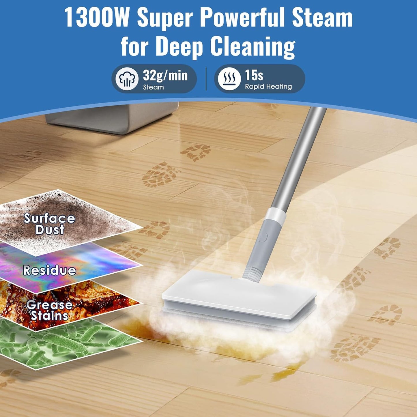 FEPPO Steam Mop with Detachable Handheld Steam Cleaner for Home and Floor Cleaning, 10-in-1 Multi-purpose Attachments & 2 Pads, Powerful Steamer for Floors, Hardwood, Tiles,Grout,Windows,Kitchen,Bath