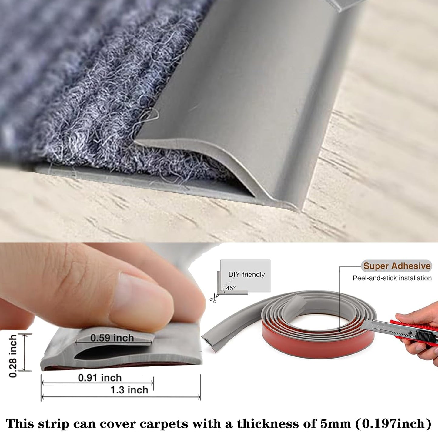 Self Adhesive Carpet Transition Strip with Edge Trim, Designed for Seamless Transitions from Carpet to Tile or Vinyl Floors, Perfect for Doorways.(Gray,5ft)