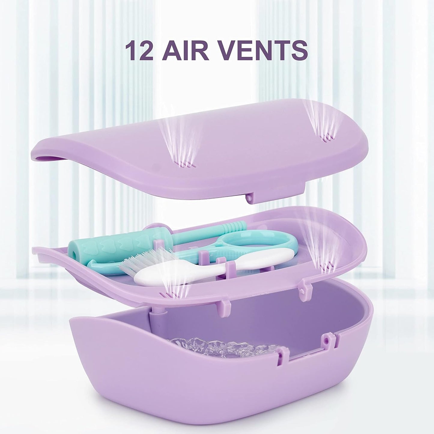 MURRI&MURRDI Retainer Case, Denture Bath Box with Strainer Basket, Mouth Guard Case, Braces Cleaner Cup, Cute Denture Holder Nightguard Storage Soak Container for Travel Cleaning (C Purple)