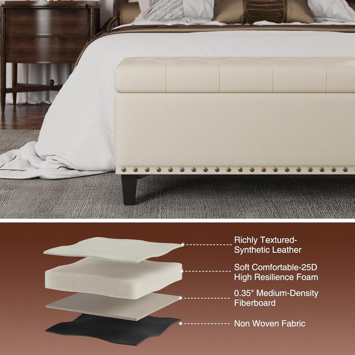 Storage Ottoman Bench, 51-Inch Large Storage Bench for Bedroom End of Bed, 30 Gallons Faux Leather Bench for Bedroom, Living Room, Entryway, Hallway, Cream White