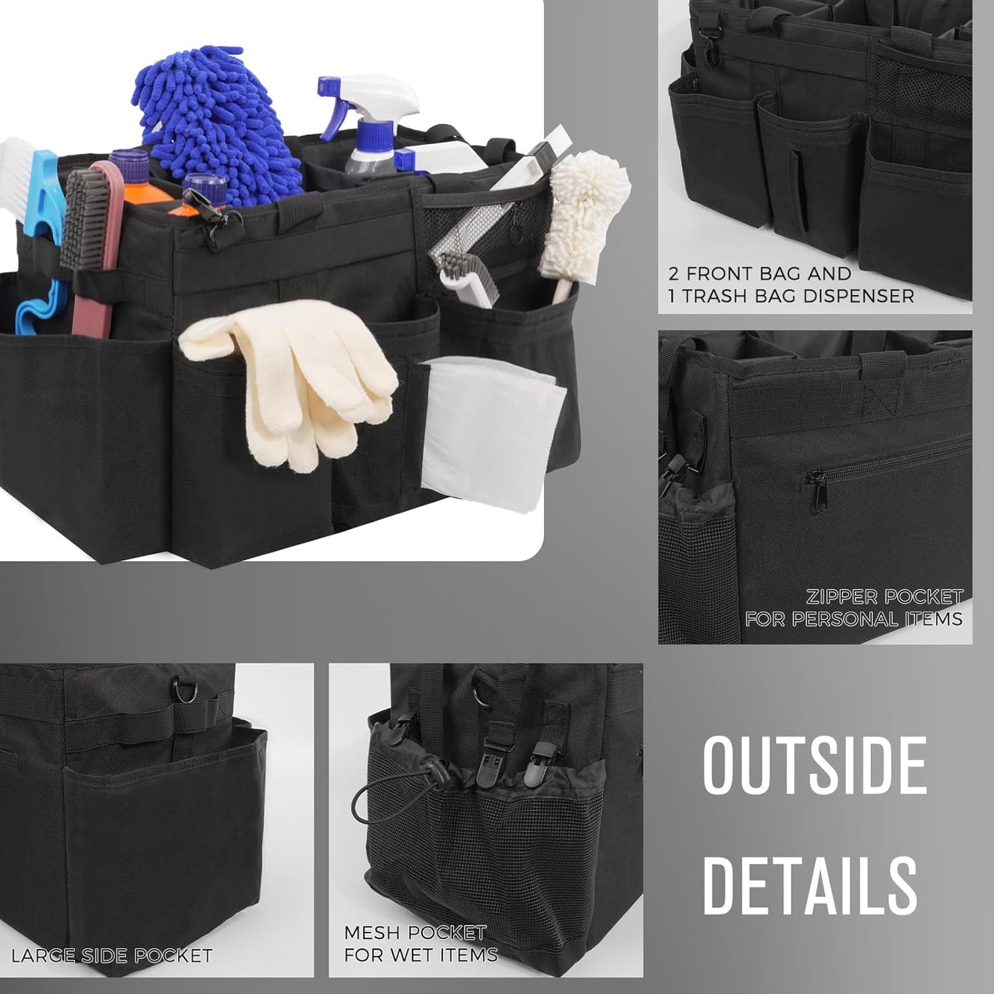 Wearable Cleaning Caddy Organizer with Handle & Shoulder Straps for Housekeepers, Under Sink & Car Cleaning Tool Organizer Bag with 4 Foldable Dividers (Black)