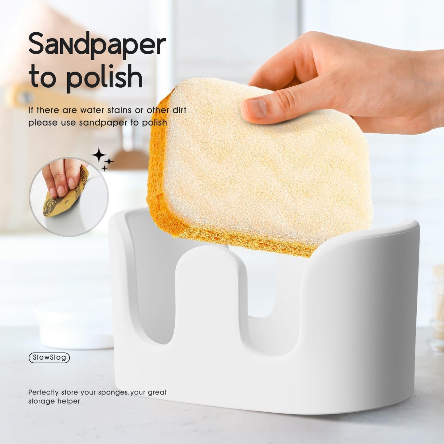 2 Pack Double Sponge Holder, Diatomite Stone Absorbent Sponge Stand for Kitchen Sink - Quick Dry Organizer for Kitchen Countertop, White