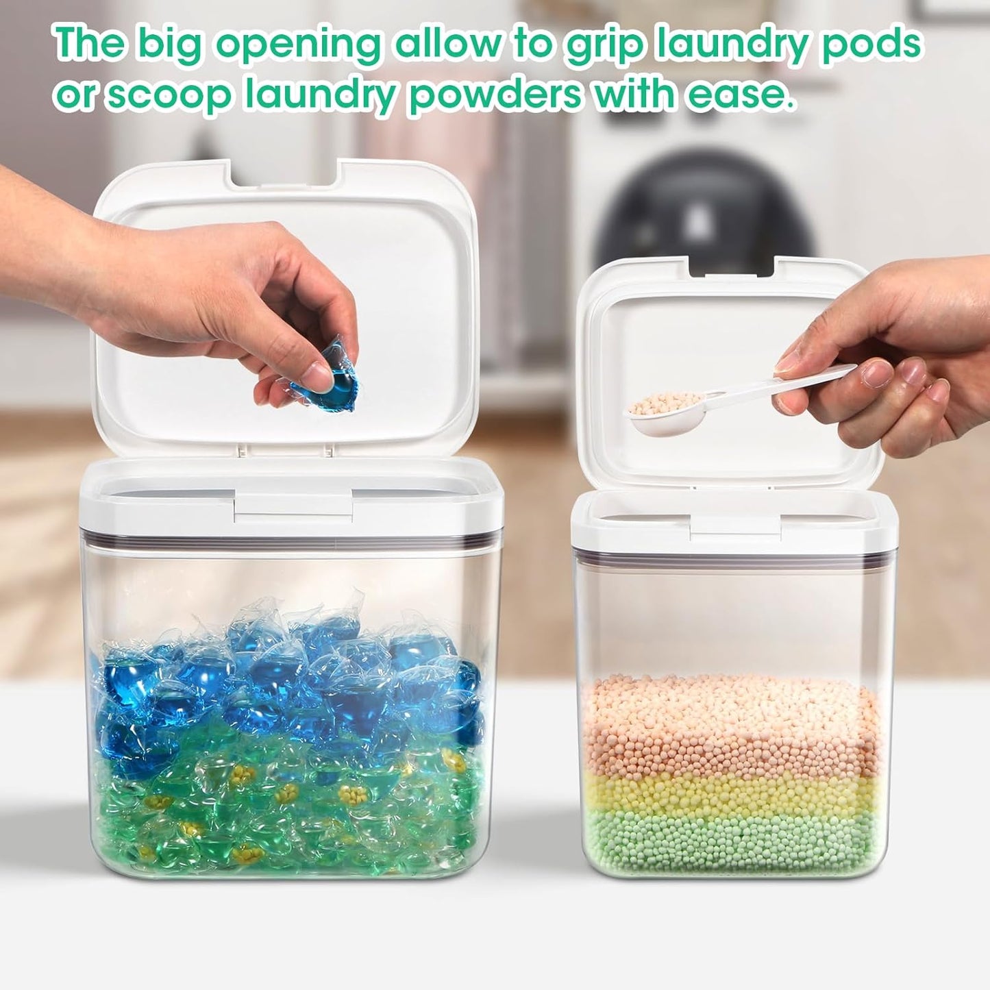 2 Pack Laundry Pods Container with One-Click Pop-up Lid, 95 oz + 68 oz Laundry Room Detergent Storage Container for Laundry Powder, Scent Booster, Dryer Sheet, Dryer Ball, Dishwasher Pod Holder