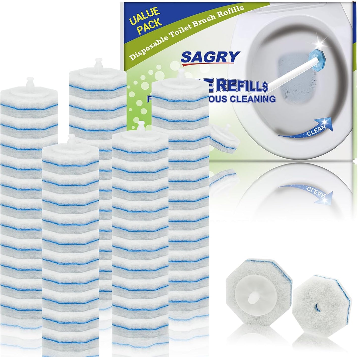 50 Counts Disposable Toilet Bowl Wand Refills, 5X Cleaning Power Toilet Cleaner Refill Pads, Deep Cleaning, No Falling Apart, Fresh Fragrance, Compatible with Most Toilet Brushes