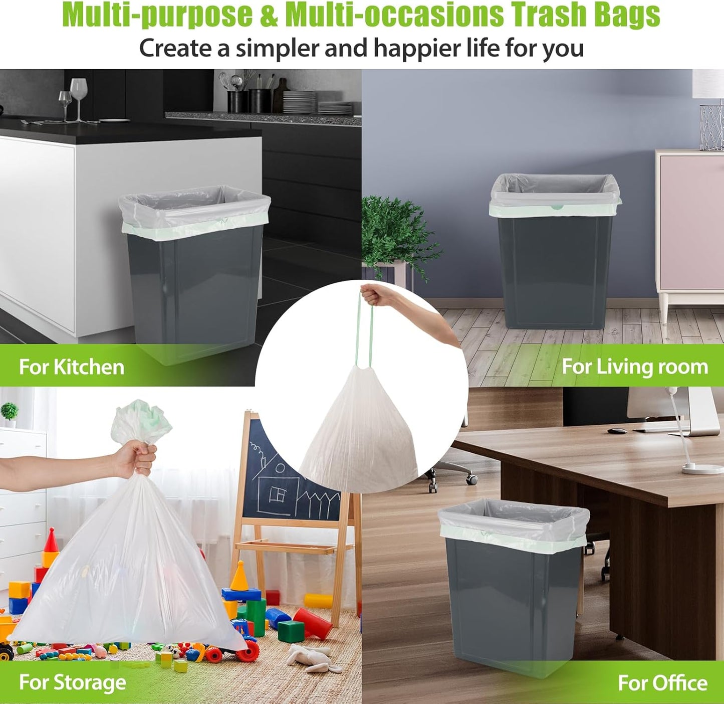 Large Trash Bag 13 Gallon Tall Drawstring 100% Post-Consumer Recycled Garbage Bag Waste Bag for Kitchen Office 0.8 Mil (300 Count)