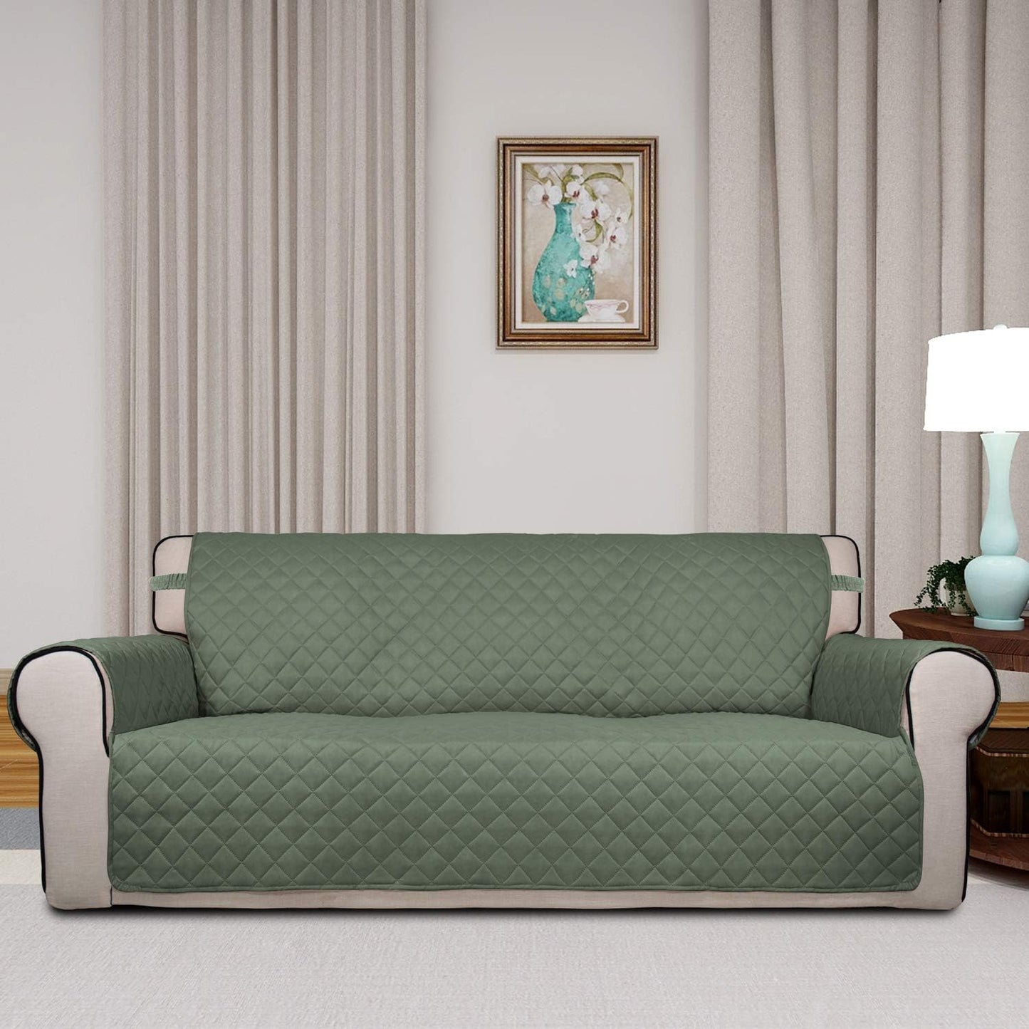 PureFit Reversible Quilted Sofa Cover, Water Resistant Slipcover Furniture Protector, Washable Couch Cover with Non Slip and Elastic Straps for Kids, Pets (Oversized Sofa, Greyish Green/Beige)