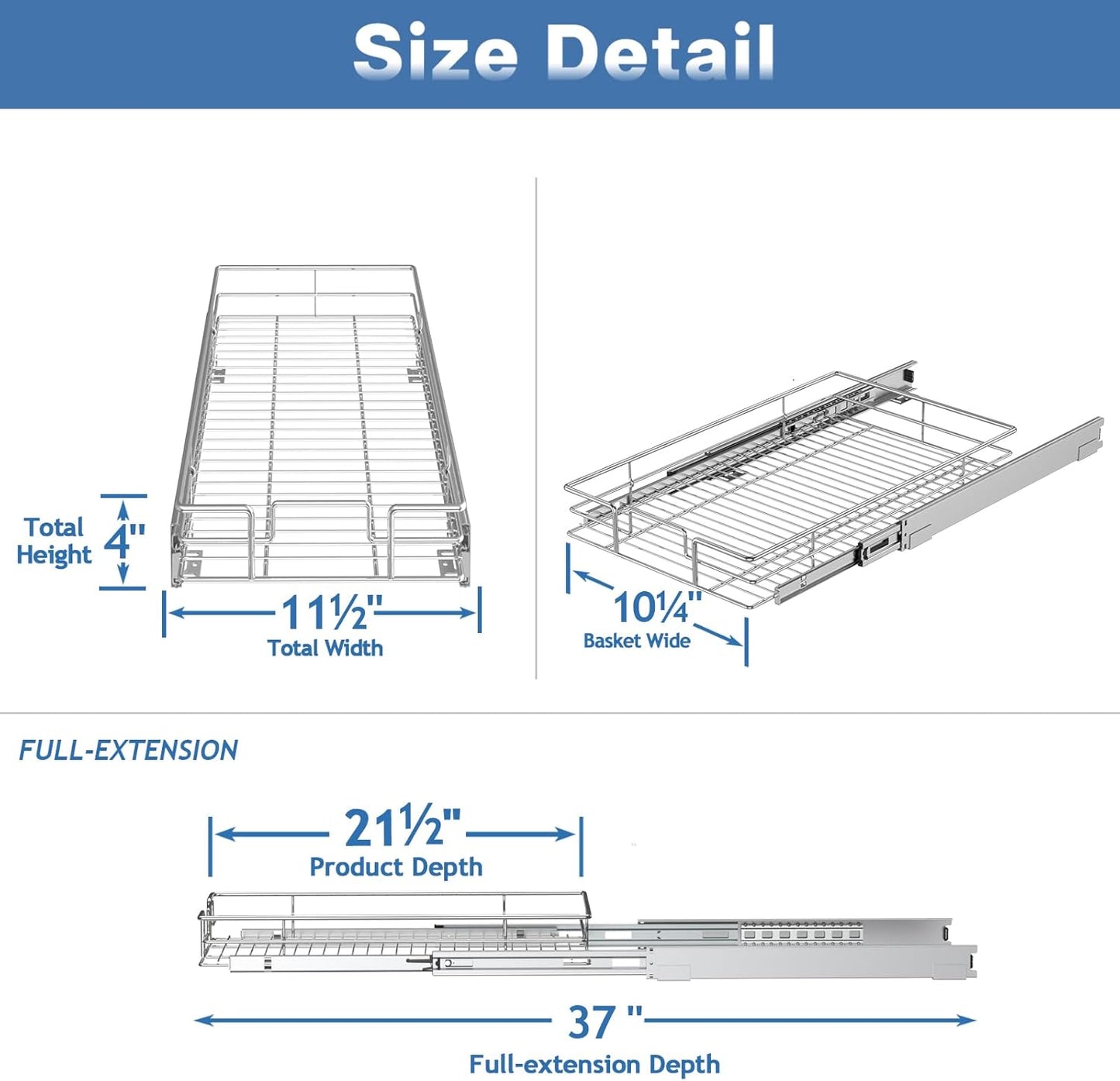 Pull Out Cabinet Organizer 11½" W x 21½" D, Heavy Duty Cabinet Pull Out Shelves, Slide Out Drawers Organization for Kitchen Cabinets Bathroom