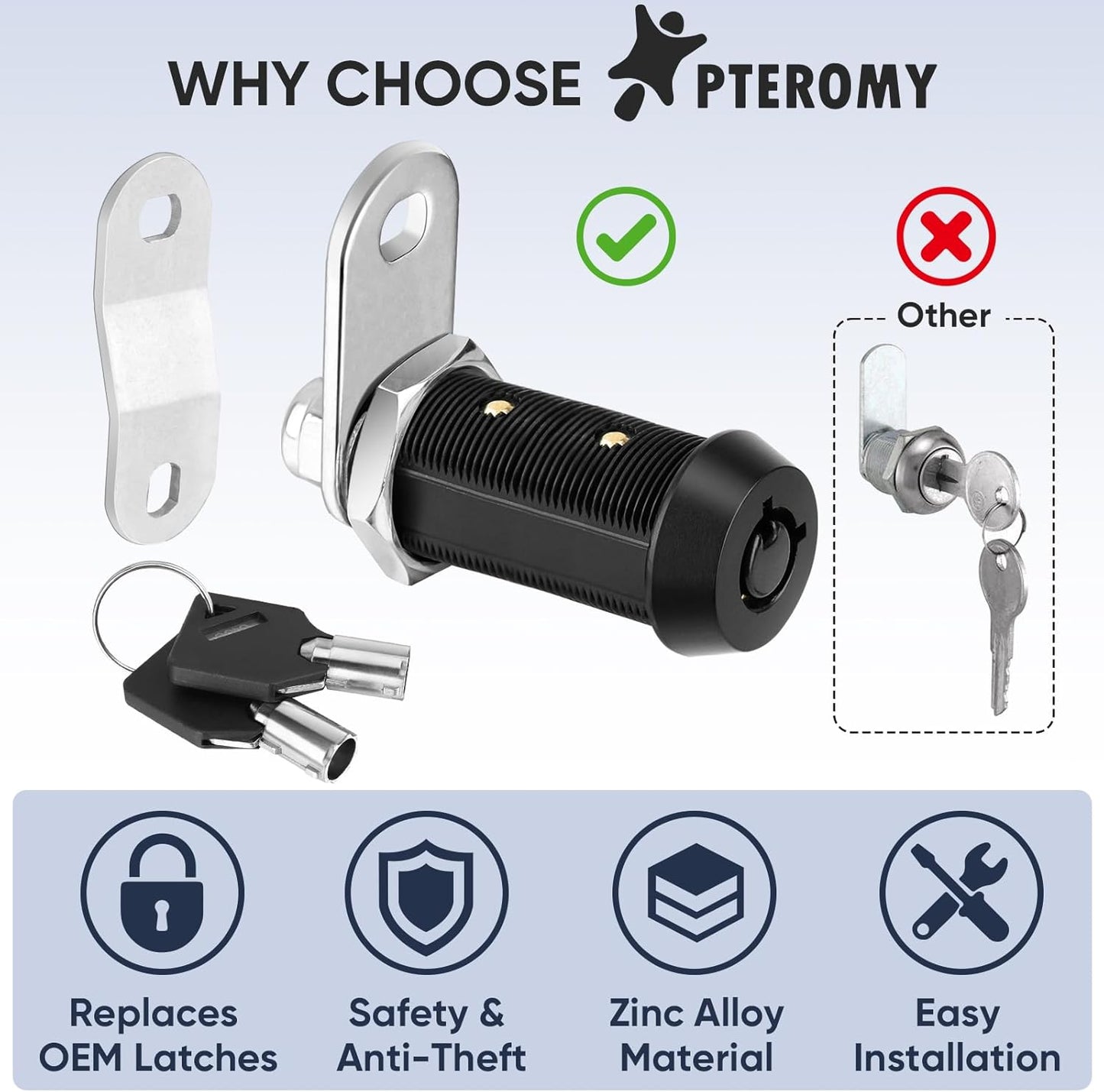 PTEROMY 5 Pack Cabinet Lock with Keys, 1-1/2'' Heavy Duty Tubular Cam Lock for RV Compartment Storage Locks, Full Set of RV Cam Locks (Black, 1-1/2'', 5 Pack)