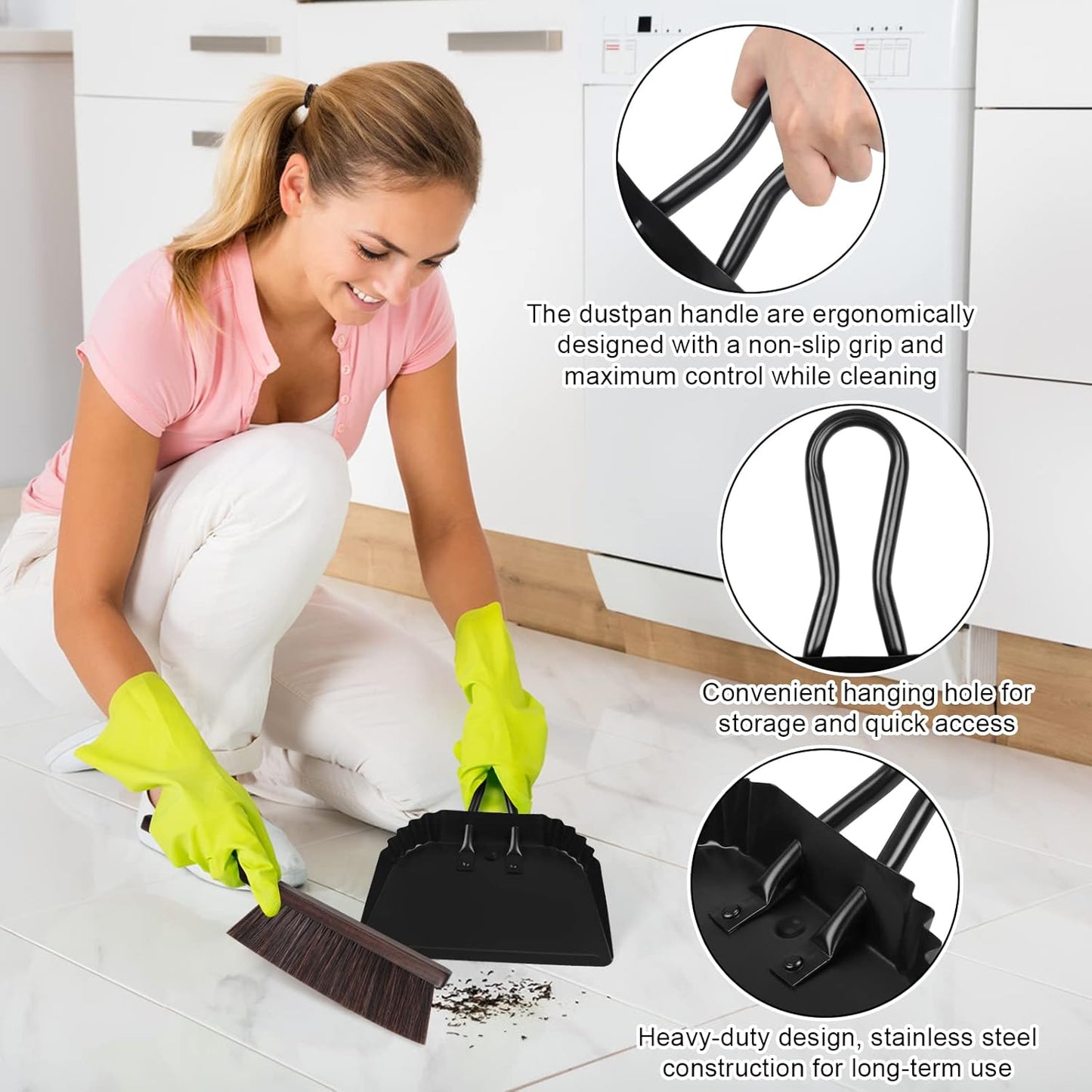 Heavy Duty Black Metal Dust Pan -Handheld Dustpan with Handle, Stainless Steel Large Dustpans with Wide Lip Industrial Dust Pans Precision Edge Small Dustpan for Home/Comfort/Hanging