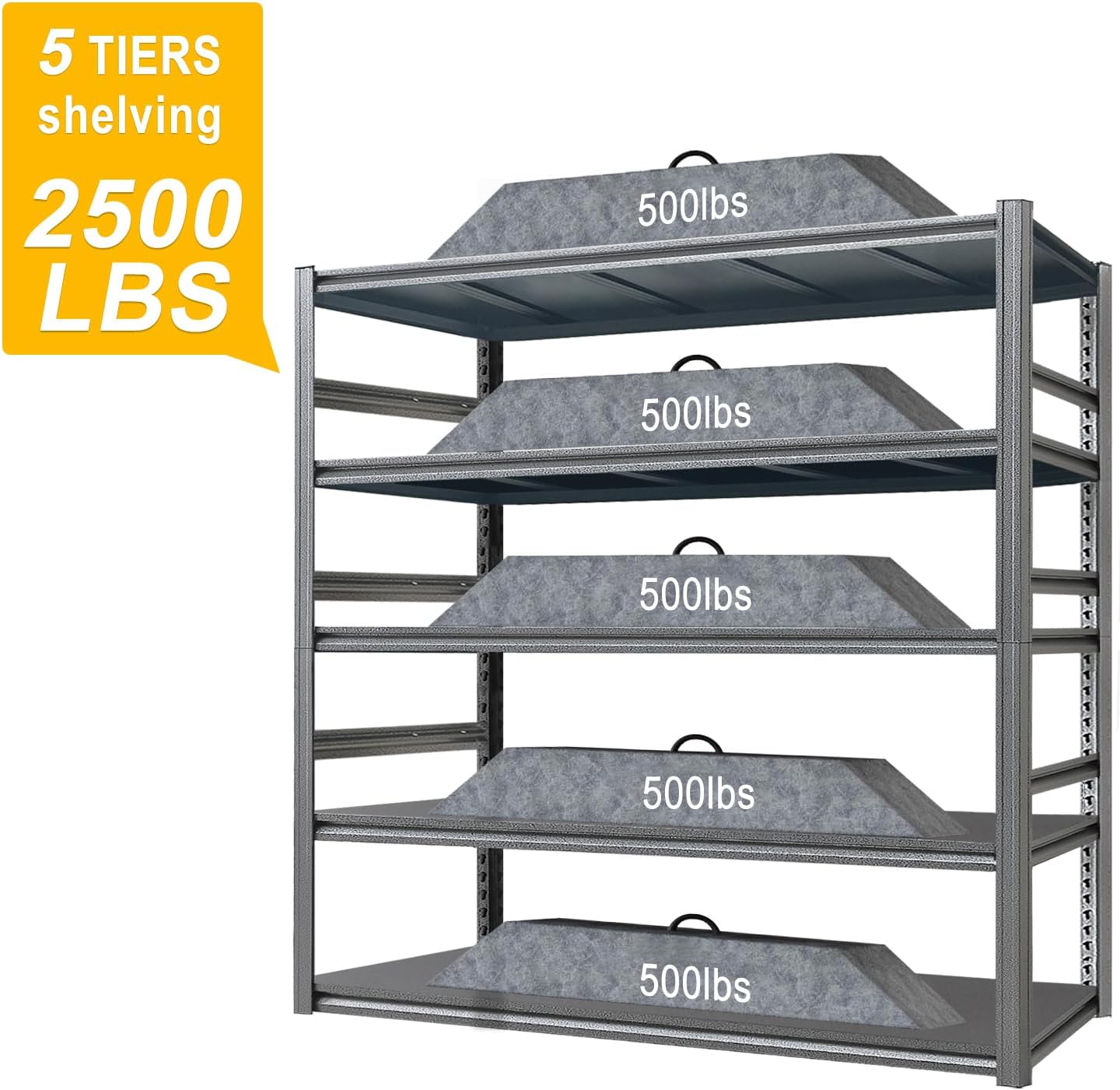 Storage Shelf 5-Tier Garage Shelving, Industrial Shelving with Guardrails, 2500LB Boltless Metal Shelves Heavy Duty for Storage Room, Warehouse, 18" D x 47.2" W x 72" H, Iron Black