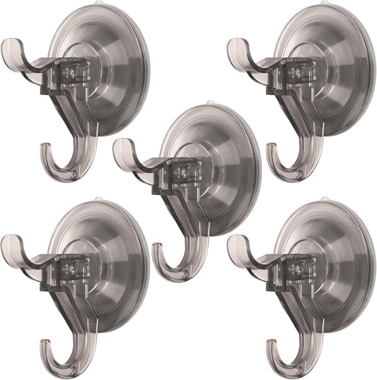Antimbee Suction Hooks, 5 Pack Clear Hanger, Removable Small Suction Cups for Shower, Bathroom, Glass, Door, Windows, Kitchen - Up to 11 lbs on Smooth Surface - 2 Hooks Design (Transparent Gray)