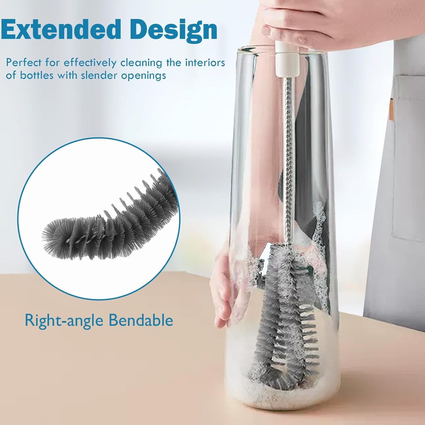 16 inches Long Handle Black Bottle Cleaning Brushes - Perfect for Baby Bottles, Sports Bottles, Glassware, Mugs, Jars, and Stemware (1-pc)