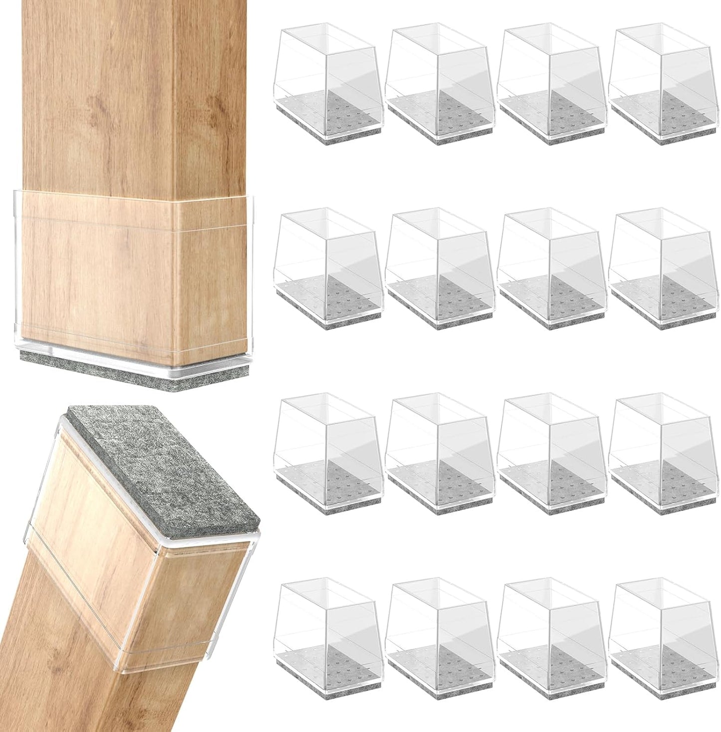 Rectangle Chair Leg Protectors for Hardwood Floors,16 PCS Silicone Covers to Protect Wood Tile Floors Felt Pads Furniture Leg Caps Reduce Noise. Easy to Move. (Clear,2 x 3 Inch, Rectangular)