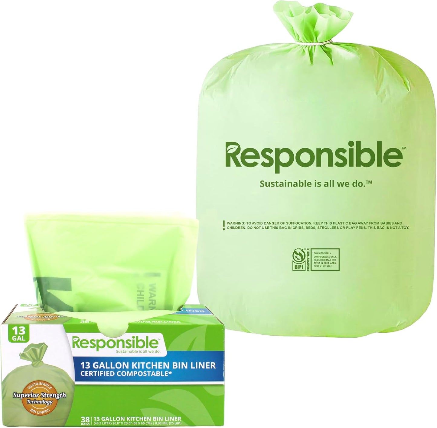 Responsible Products Kitchen Bin Liners, Certified Compostable, Heavy Duty Multipurpose Food Scrap Bags, Made from Compostable Materials (13 Gallon, 13 Gallon (38 Count))