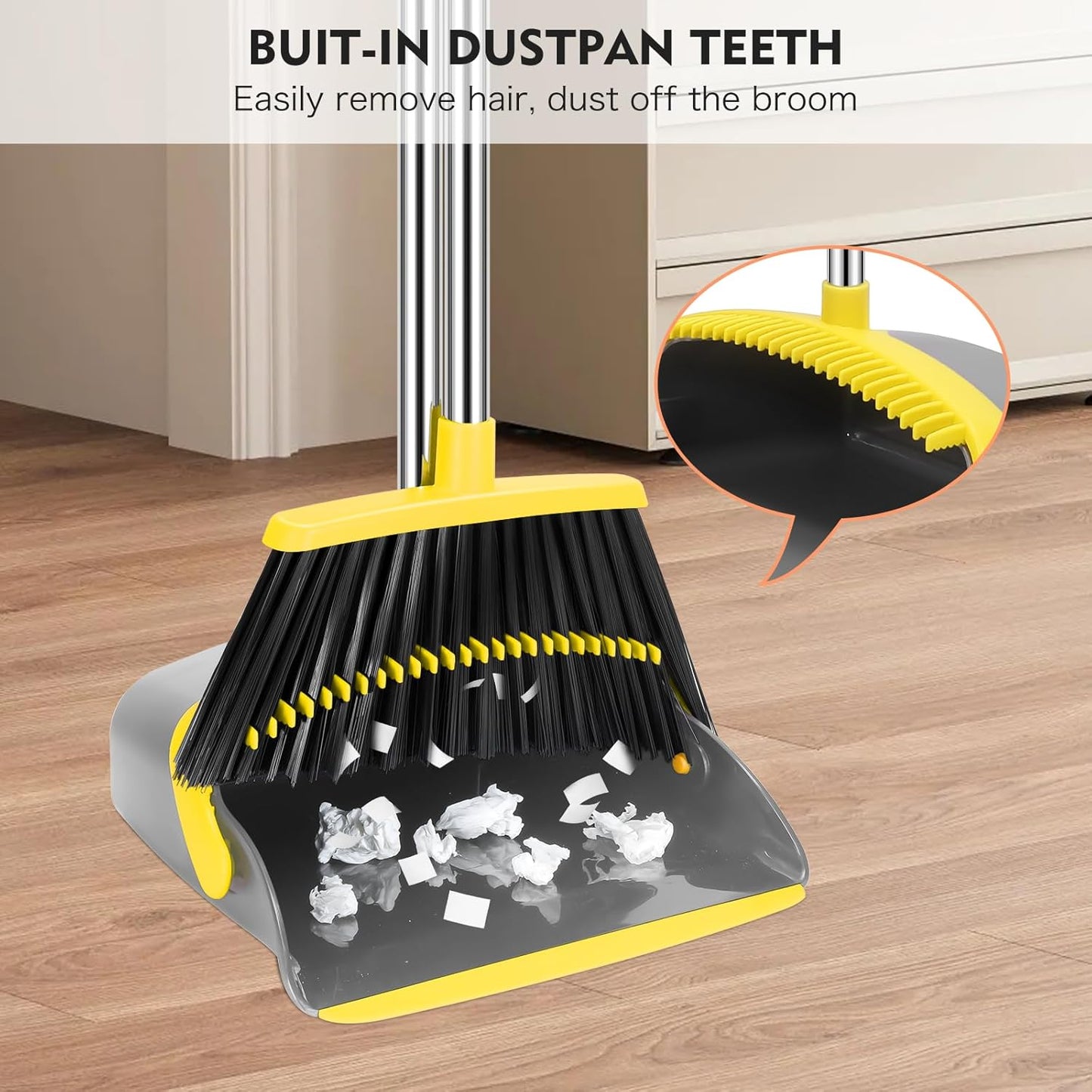 NACENA Broom and Dustpan Set, 55-in Long Adjustable Handle Broom Dustpan Combo with Dustpan Teeth to Automatically Clean Hair Suitable for Home Kitchen Office Hall Floor, Large(Grey&Yellow)