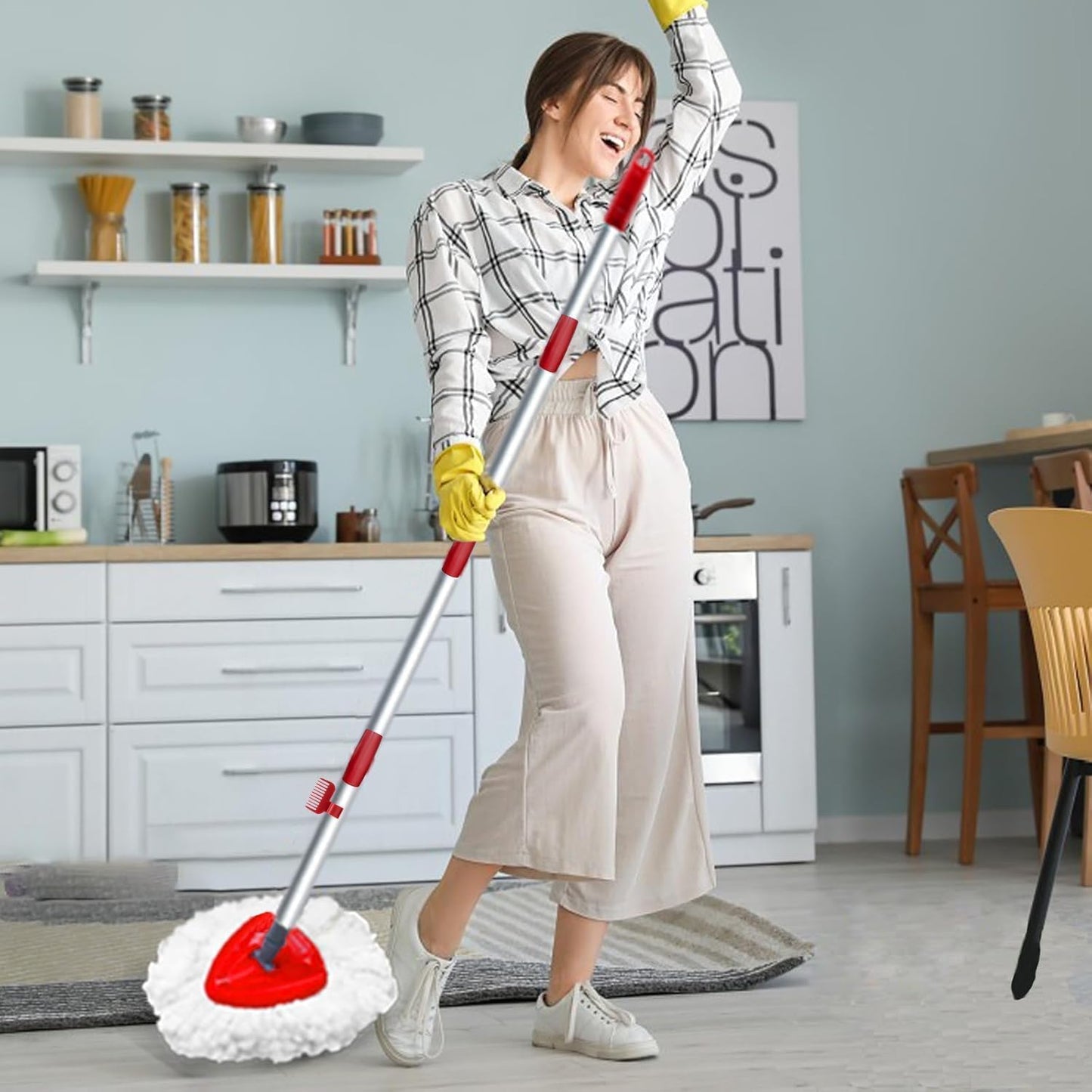 4 Pack Spin Mop Replacement Head Compatible with O Cedar EasyWring 1 Tank Microfiber, 30-58" Handle, Upgraded Triangle Mop Base and Scrub Brush Combo Set