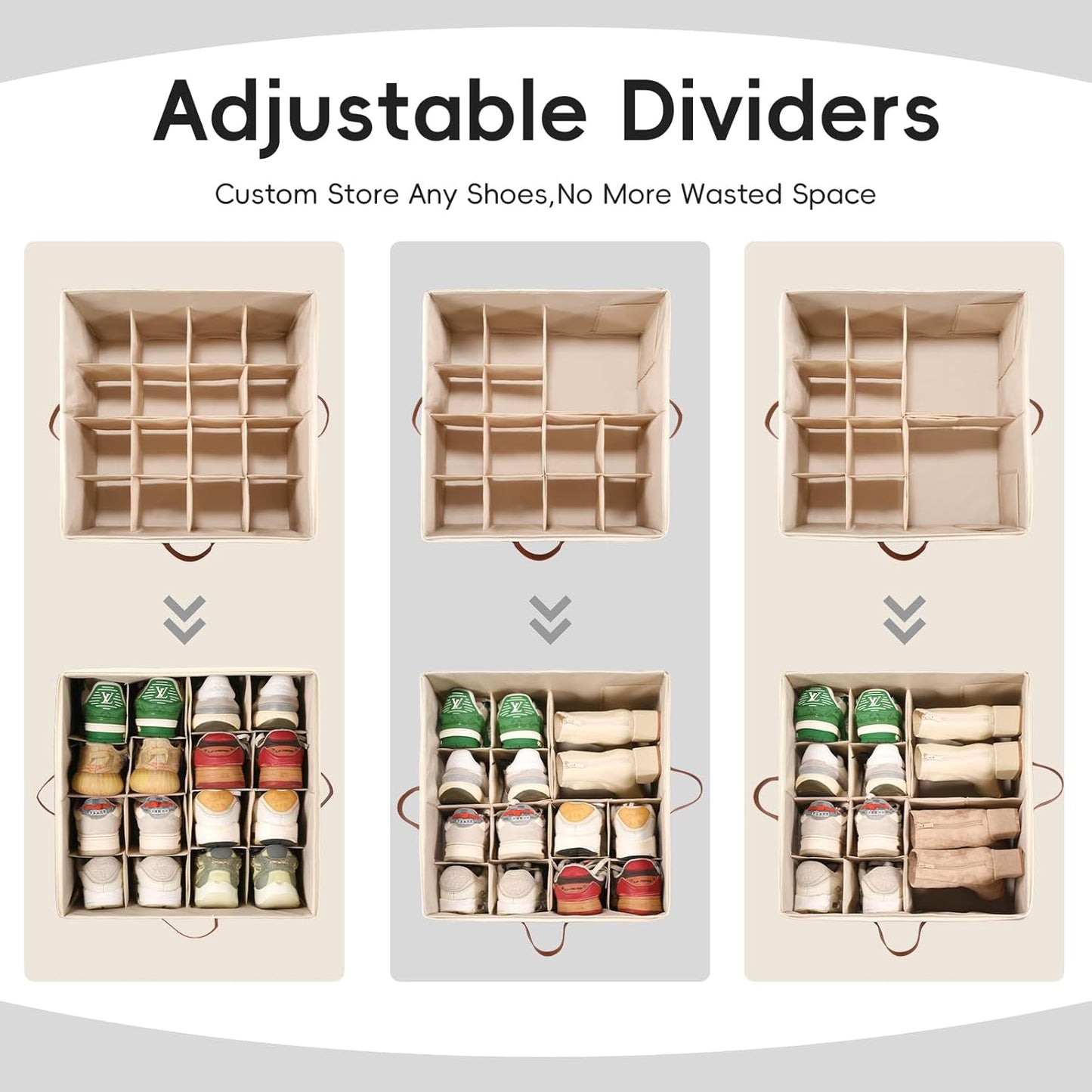 Shoe Organizer for Closet, 2 Pack Shoe Storage Bins with Clear Cover, Adjustable Dividers Fits 16-32 Pairs ShoeBoxes, Organizador de Zapatos, Khaki