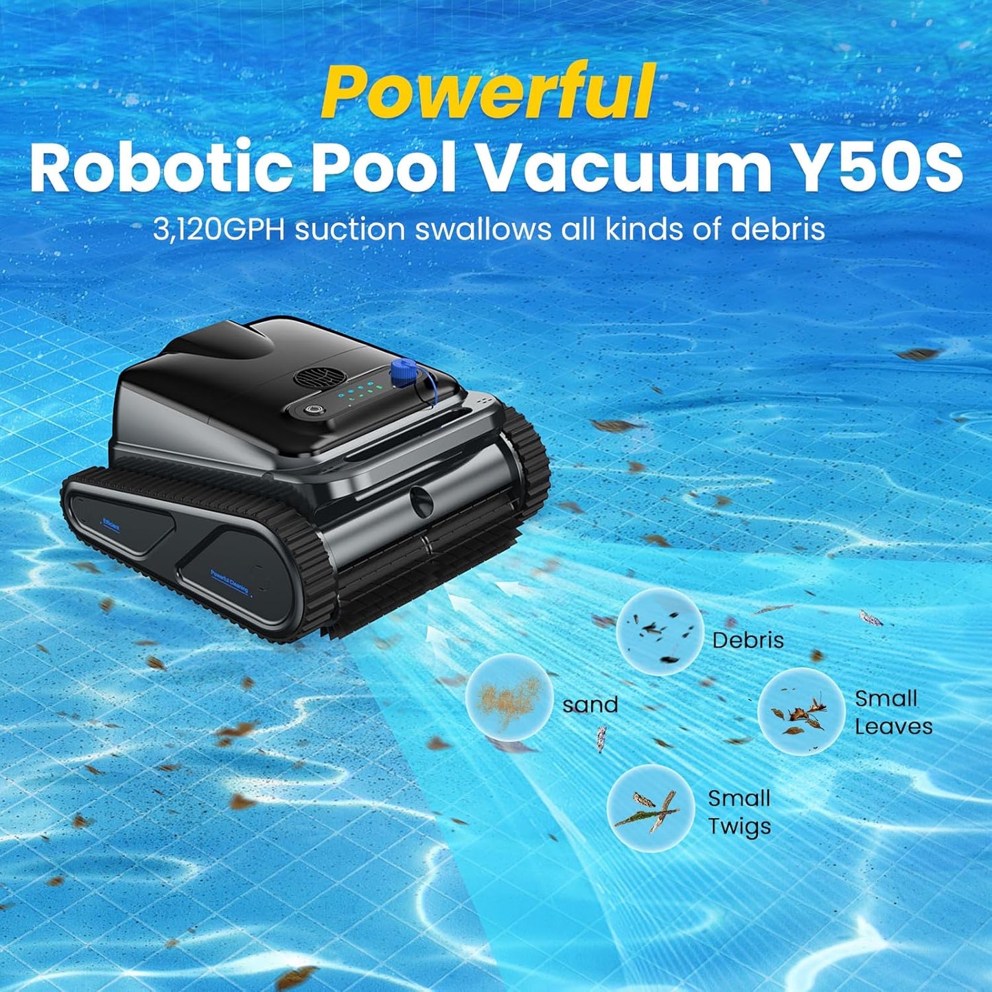 Y50S Robotic Pool Cleaner, Upgraded Motor, Powerful Wall-Climbing with Scrubber Brushes, Smart Path Navigation, Cordless Pool Vacuum for Inground Pools up to 2000 Sq.ft (Night)