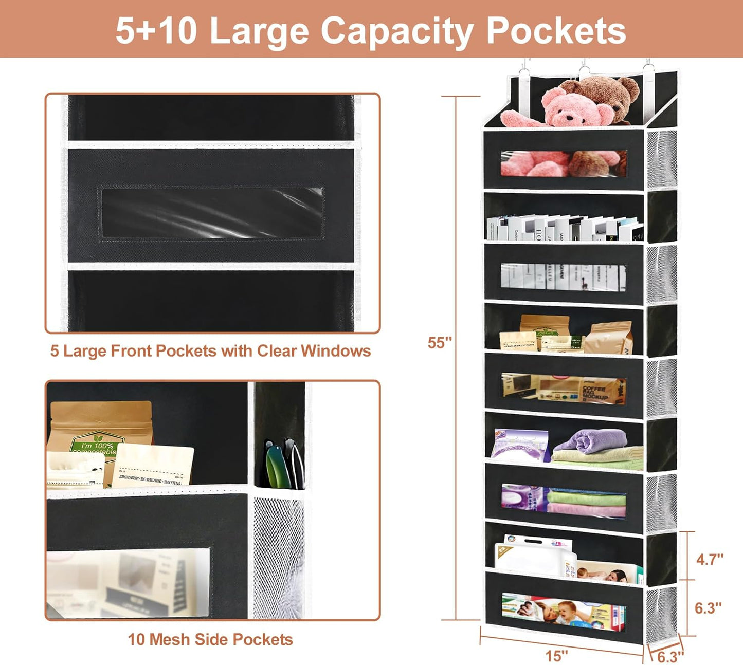 5-Tier Over The Door Storage Organizer with 10 Side Mesh Pockets, 48 lbs Load Capacity, 3 Hooks Design, Door Hanging Organizer with Clear Windows for Bathroom, Bedroom, Nursery, Kitchen-Black