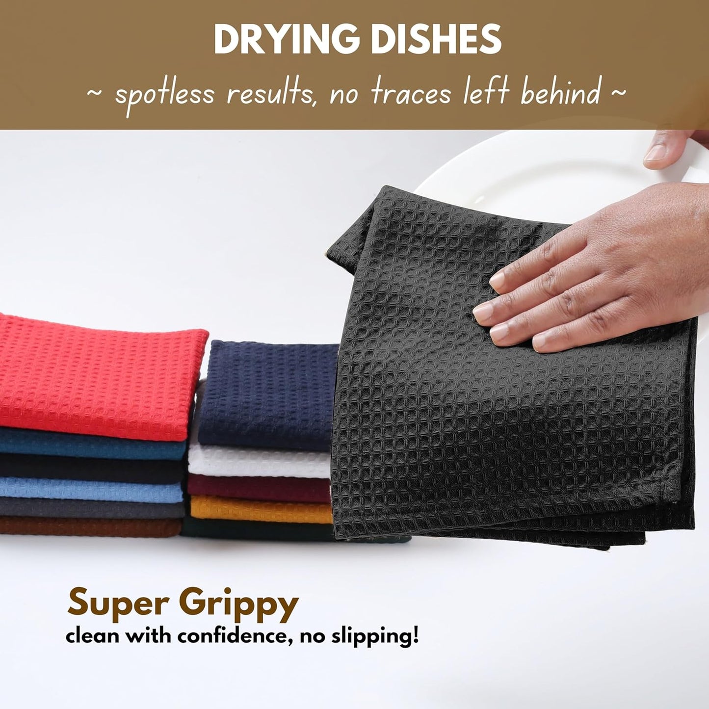 Native Fab Cotton Kitchen Towel with Hanging Loop 16x26 inches, 12-Pack, Waffle Weave Kitchen Towels for Cleaning Drying, Washcloths Soft & Absorbent Cloth Rags, Bar Towel, Dish Cloth, Black