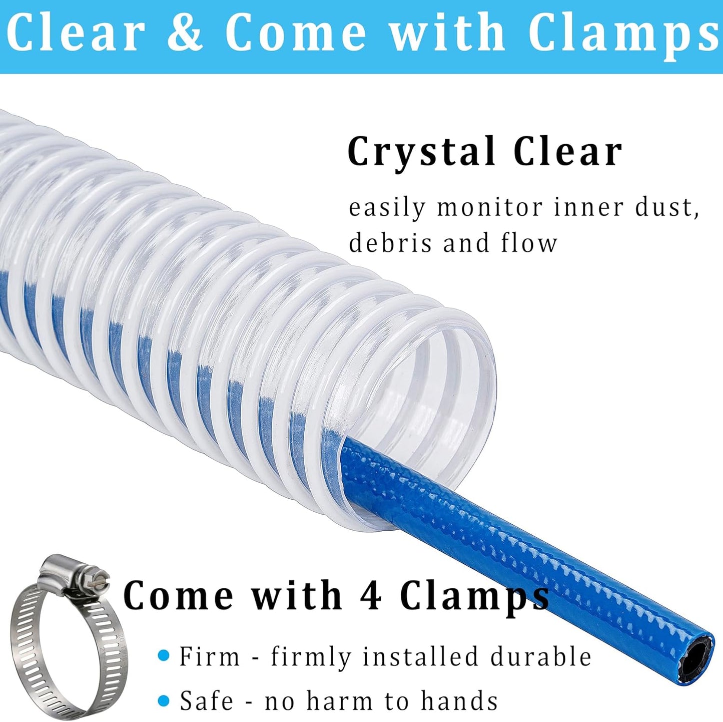 Dust Collection Hose 2 in × 10 ft Heavy Duty Clear Flexible PVC Reinforced Thicken Helix Suction Discharge Corrugated Pipe Hose for Fume Dust Collector Fitting Wood Chip Saw