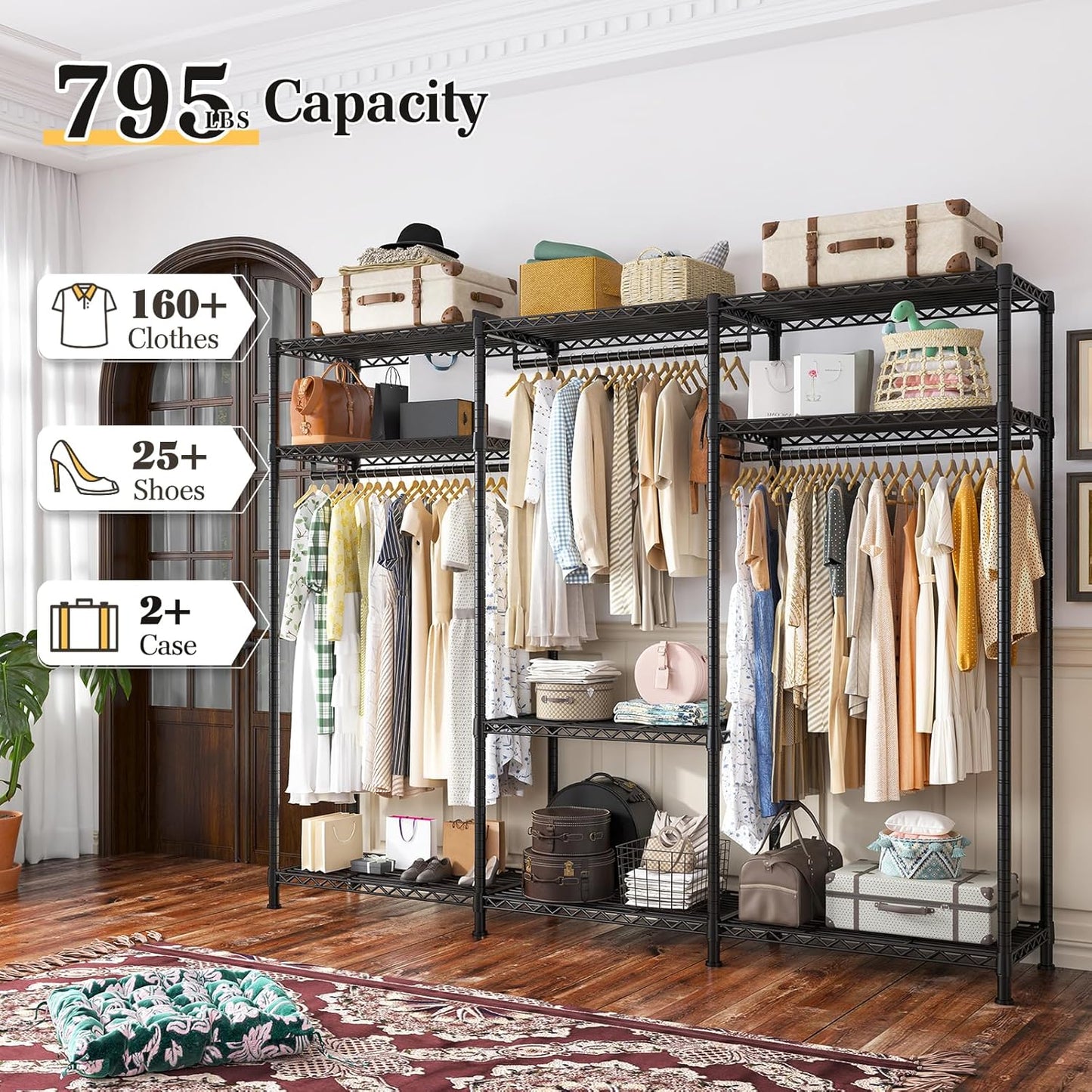 Raybee Clothes Rack Heavy Duty Load 795LBS Portable Clothing Racks for Hanging Clothes Adjustable Garment Rack, 56" W X16 D X 75.5" H Black