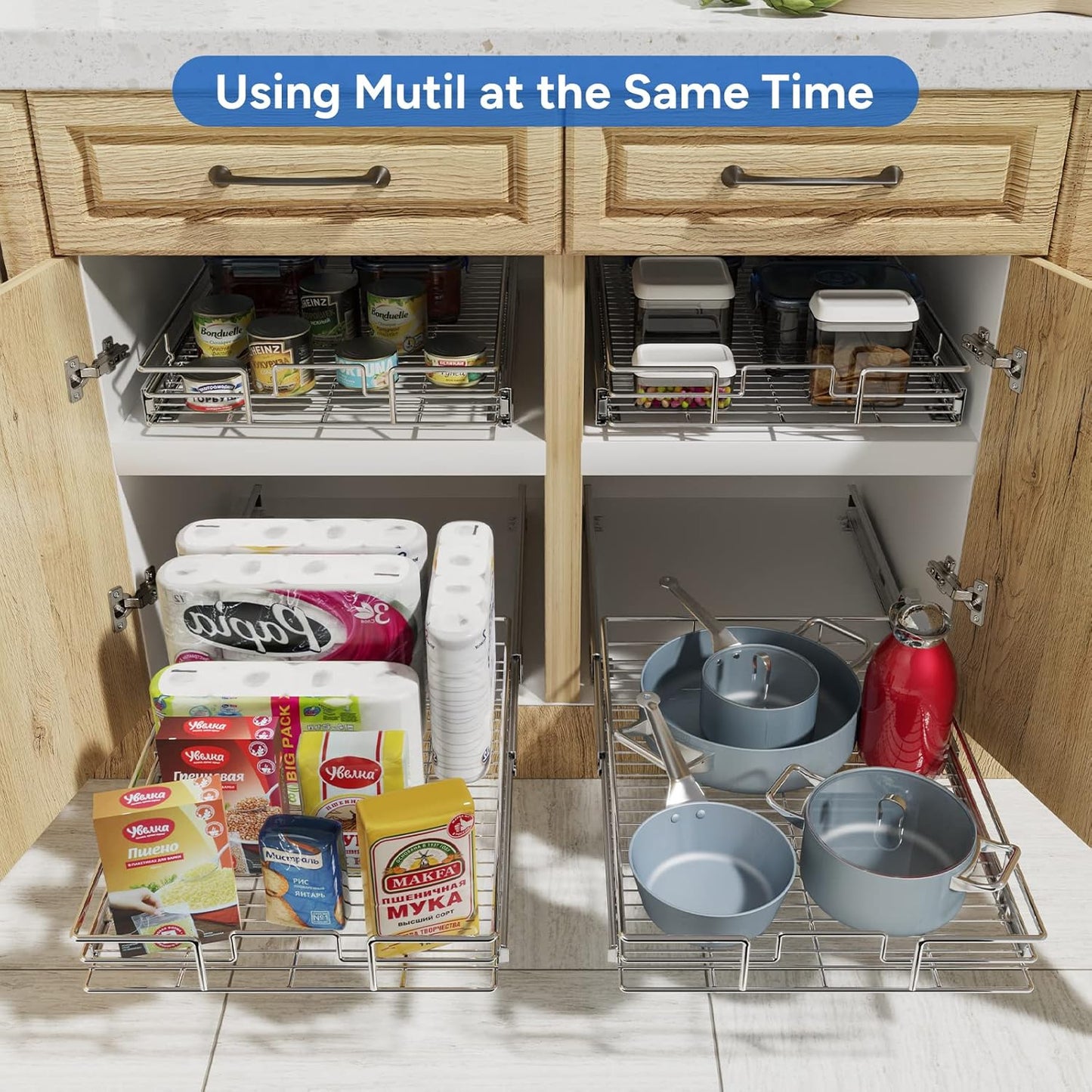ROOMTEC Pull Out Cabinet Organizer, 1 Tier Black, Kitchen Cabinet Organizers, Slide Out Shelves, Heavy Duty, 5.5" W x 21.5" D x 3.5" H, Expandable, Painted, 1 Count