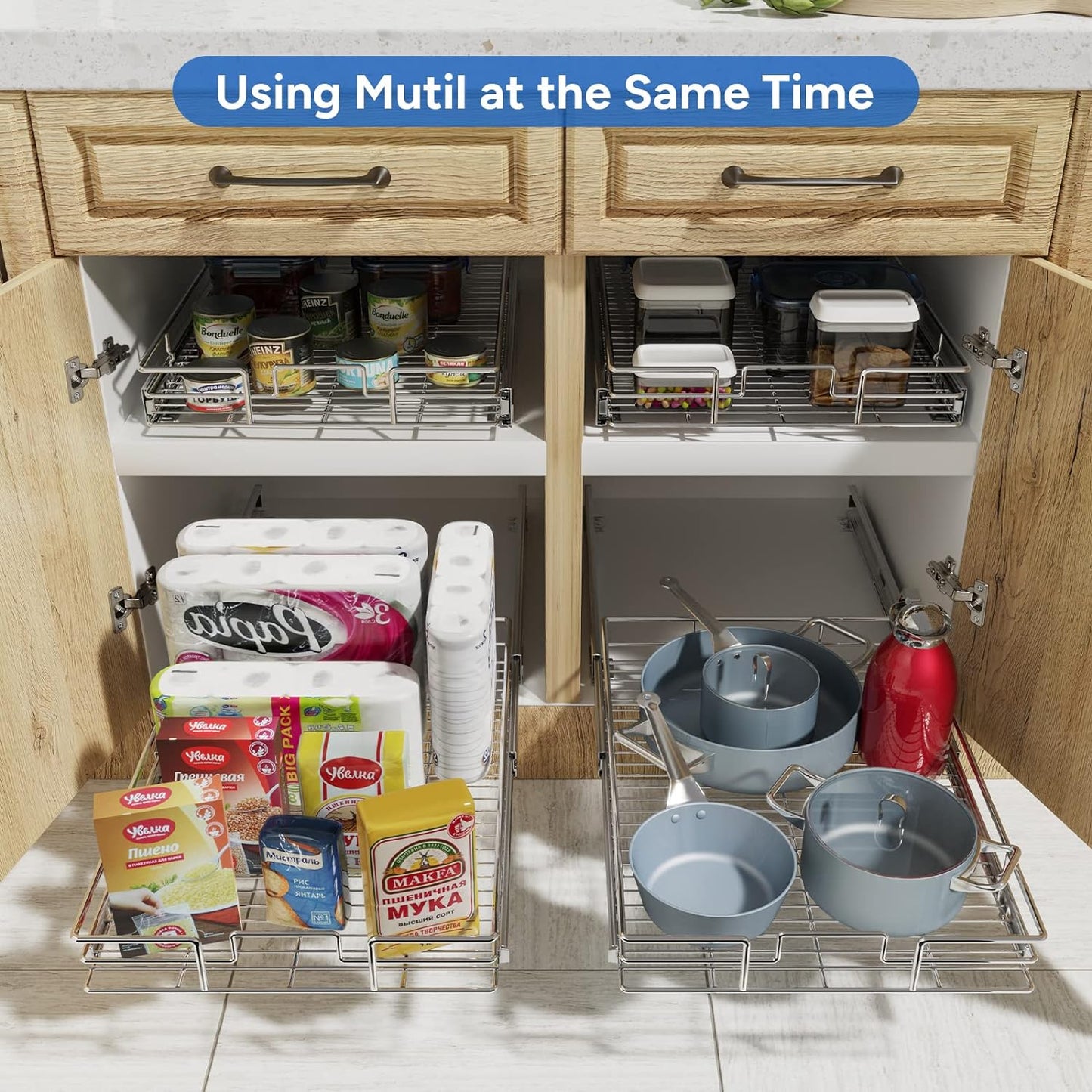 ROOMTEC Pull Out Cabinet Organizer, Cabinet Pull Out Shelves 12½" W x 21½" D, Heavy Duty Cabinet Drawers Slide Out Kitchen Cabinet Organizers Storage Shelf
