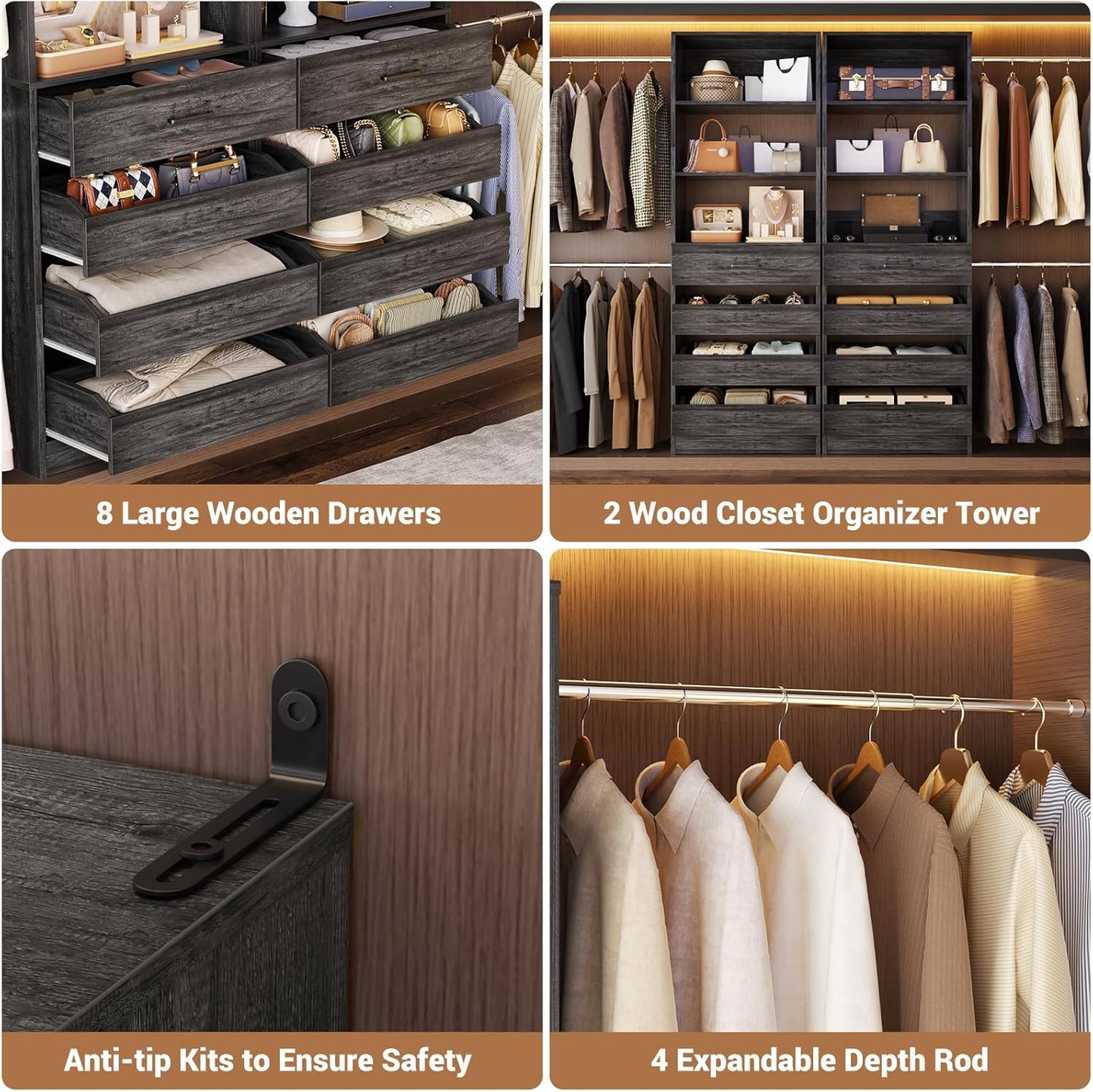 Aheaplus Closet System, 6-15Ft Closet Organizer with 8 Wooden Drawers, Wood Closet Organizer System with Tower, Walk-in Closet Organizer Wardrobe Garment Clothes Rack with 4 Hanging Rods, Black Oak